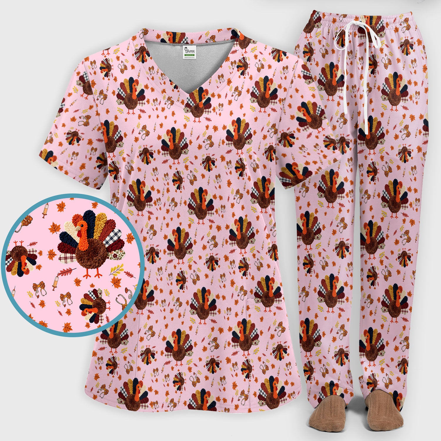 Funny Thanksgiving Nurse Scrub Sets - Fall Leaves and Pumpkin Scrub Pants and V Neck Top - Autumn Turkey Med Uniform
