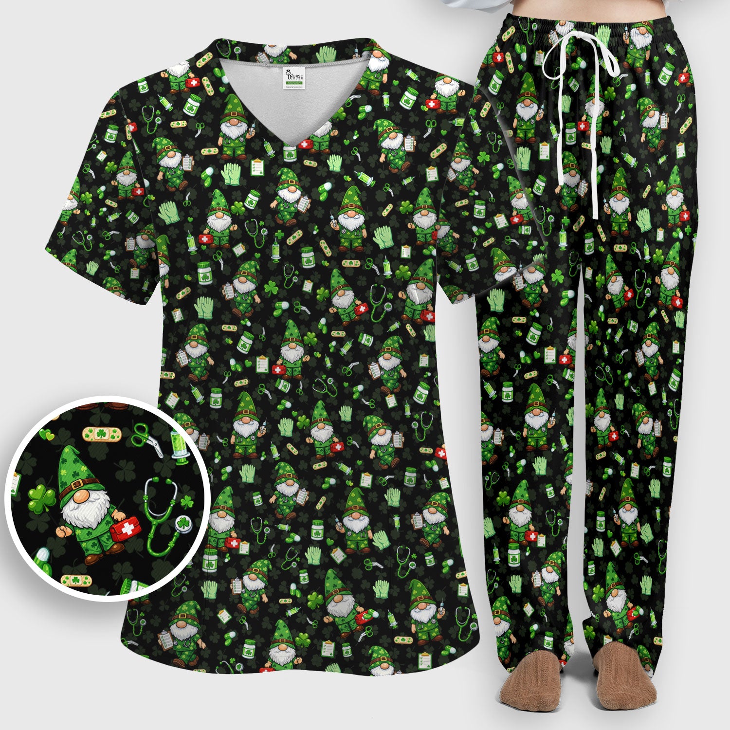 St. Patrick’s Day Nurse Gnome Scrub Set, Green Lucky Medical Pattern Nurse Shirt, Breathable Fabrics Nursing Uniform