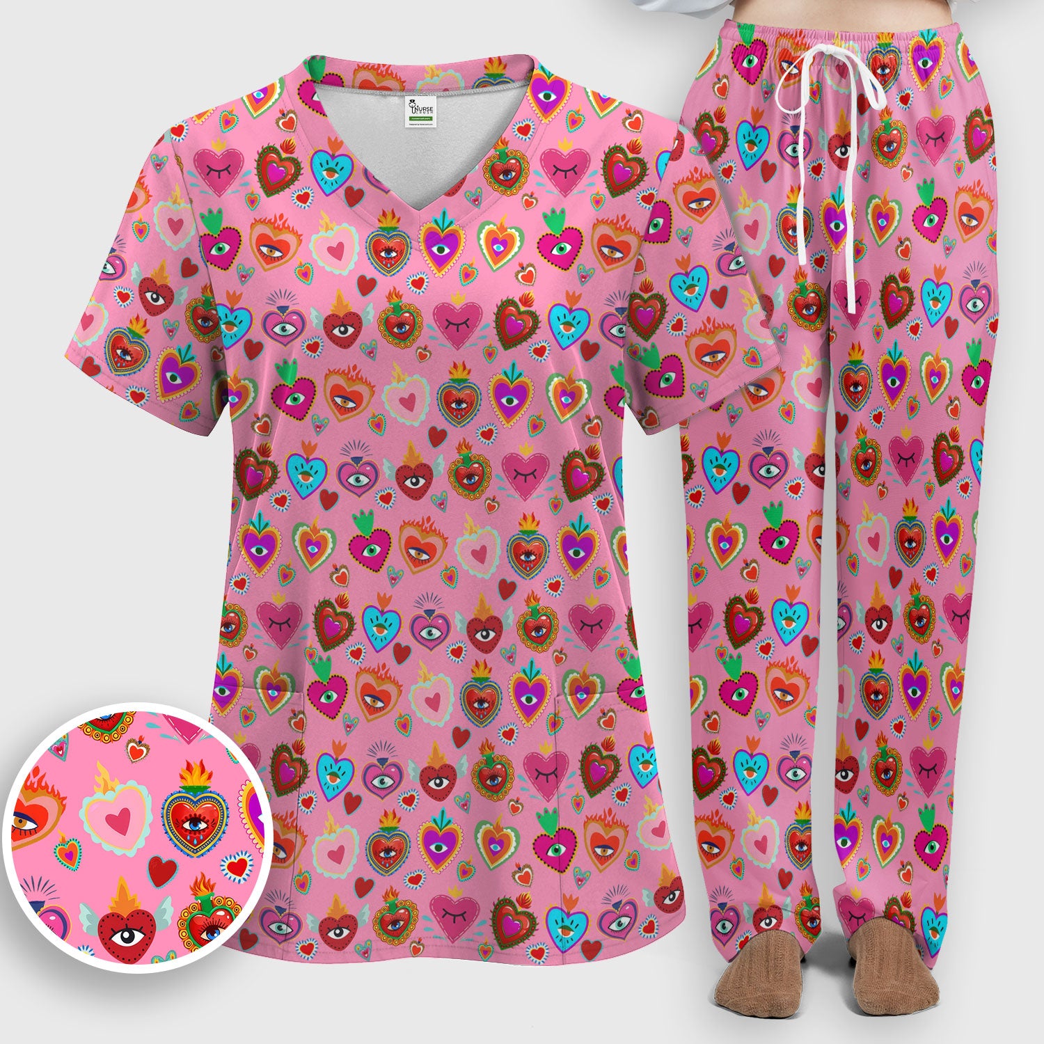 Valentine Colorful Sacred Heart Print Women's Scrub Set, Scrub Pants and V Neck Top