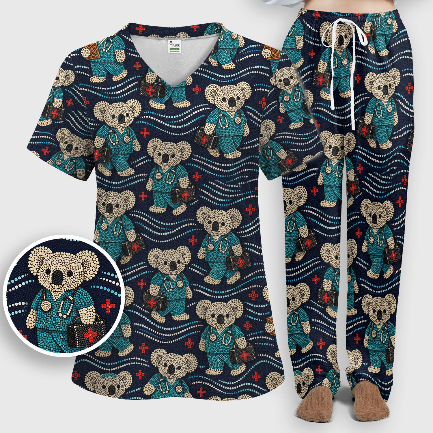 Aboriginal Dot Art Pattern Nurse Scrub Set, Koala Medical Shirt For Women, Breathable Fabrics Nursing Uniform