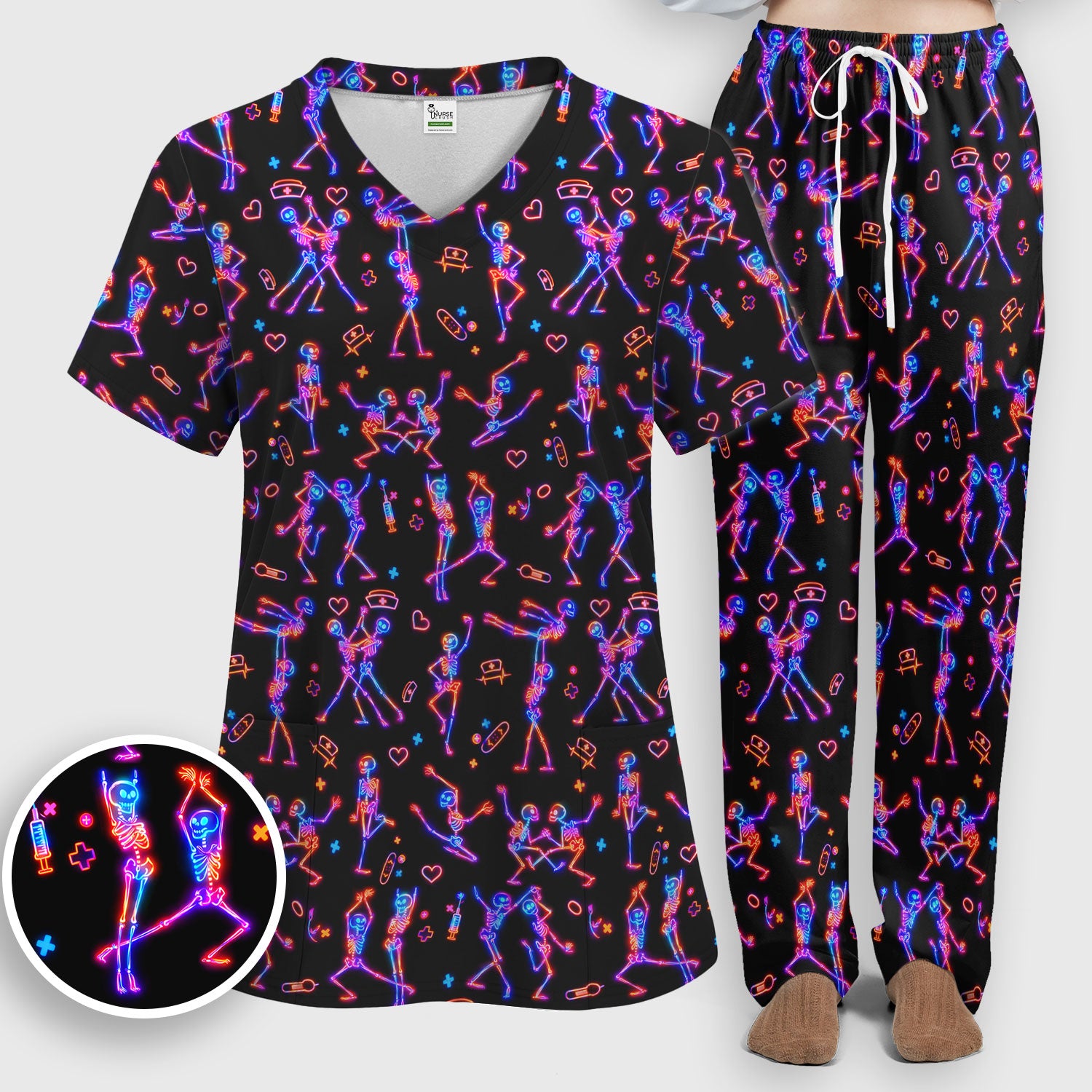 Neon Dancing Skeleton Medical Pattern Set, Scrub Pants and V Neck Top