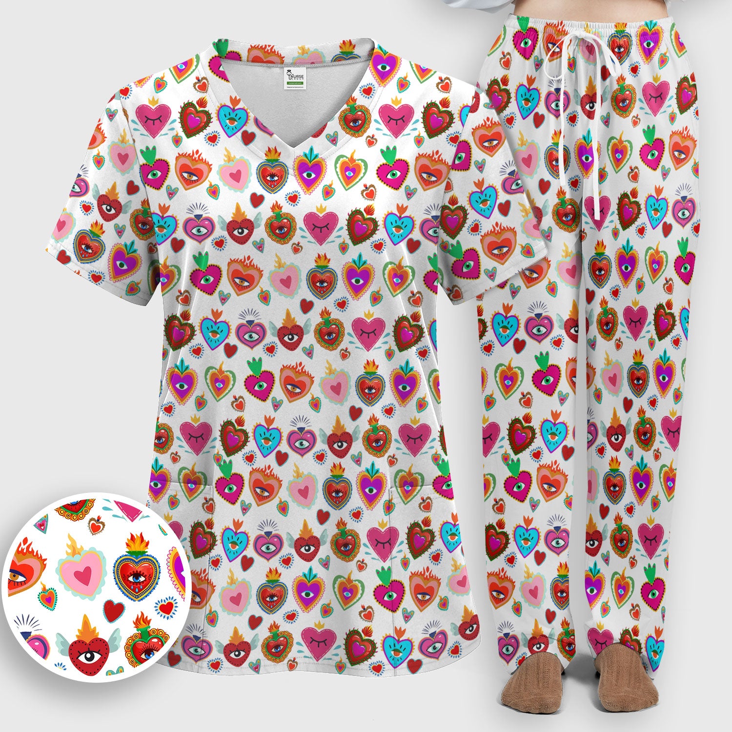 Valentine Colorful Sacred Heart Print Women's Scrub Set, Scrub Pants and V Neck Top