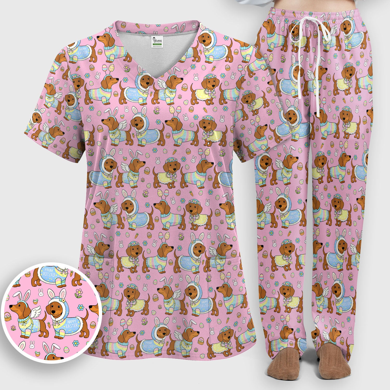Easter Dachshund Bunny Pattern Scrub Set, Scrub Pants and V Neck Top