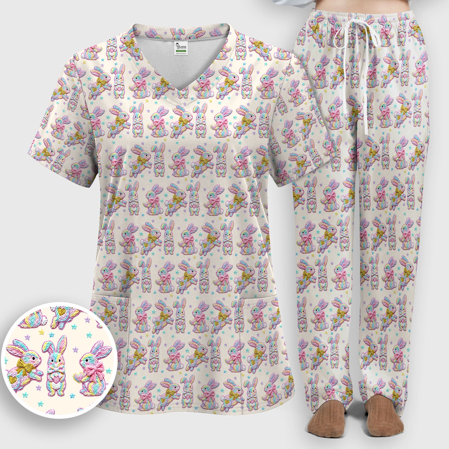 Cartoon Bunny All Over Print Set, Scrub Pants and V Neck Top