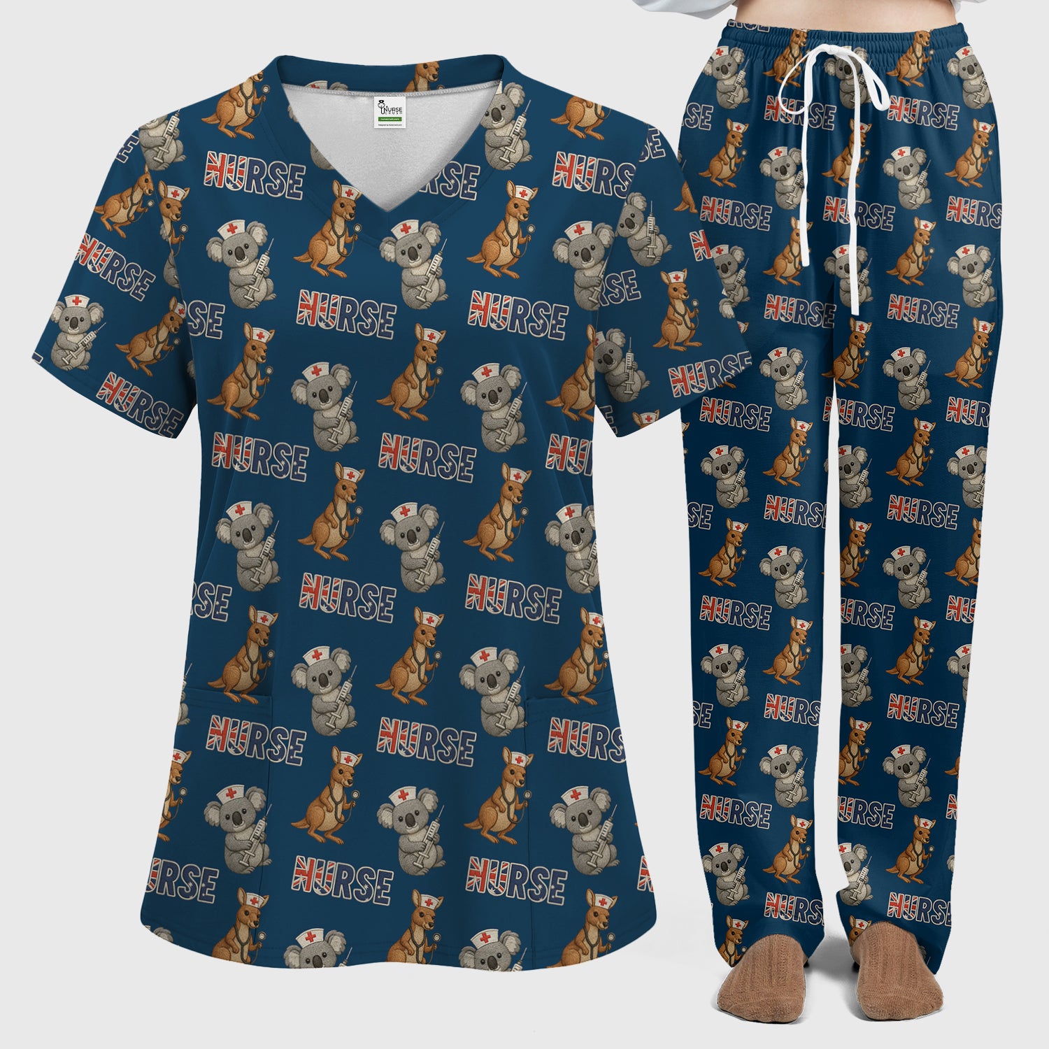 Cute Koala Kangaroo Scrub Set, Australian Nurse Pattern Shirt,  Breathable Fabrics Nursing Uniform