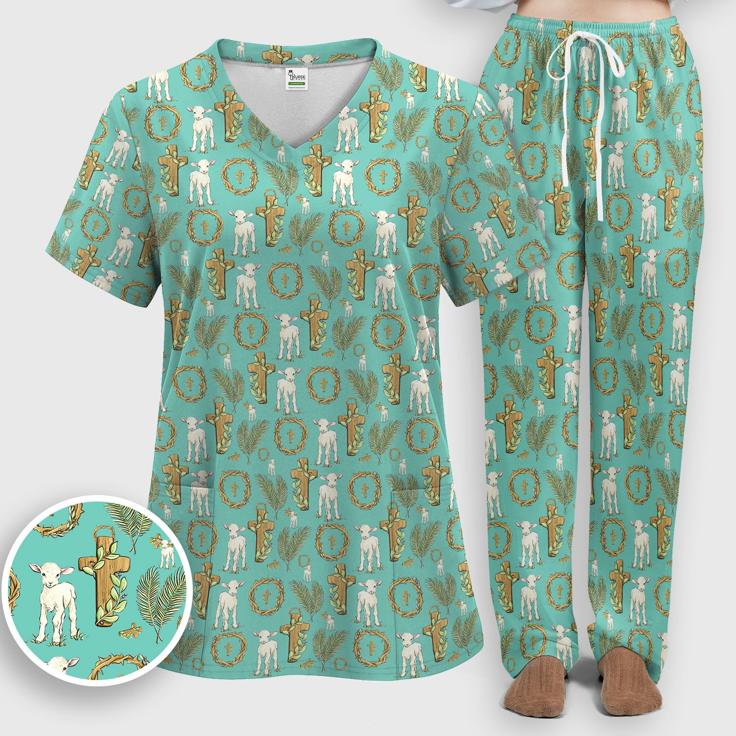 Faith Lamb Cross Pattern Women's Scrub Set, Scrub Pants and V Neck Top