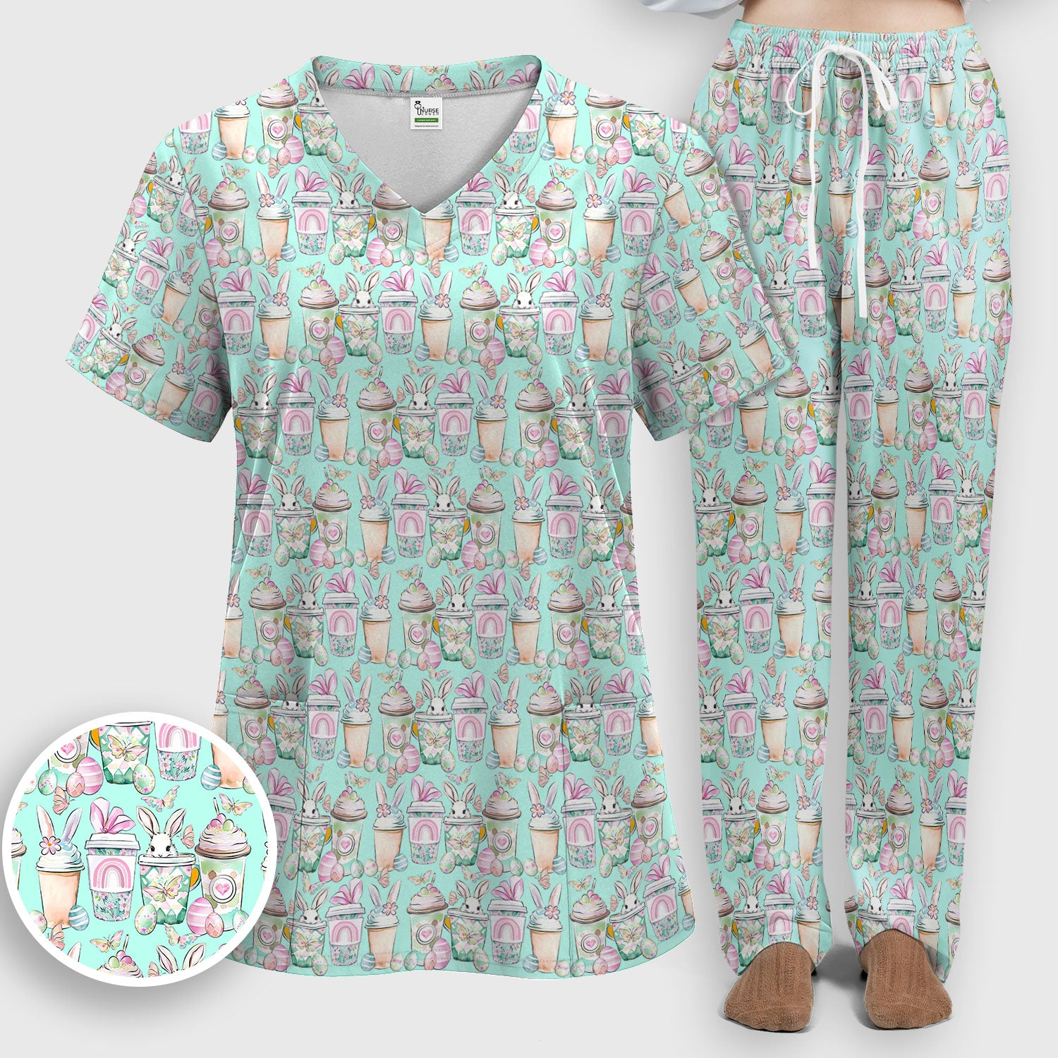 Cute Easter Bunny Coffee Cup Pattern Scrub Sets, Scrub Pants and V Neck Top