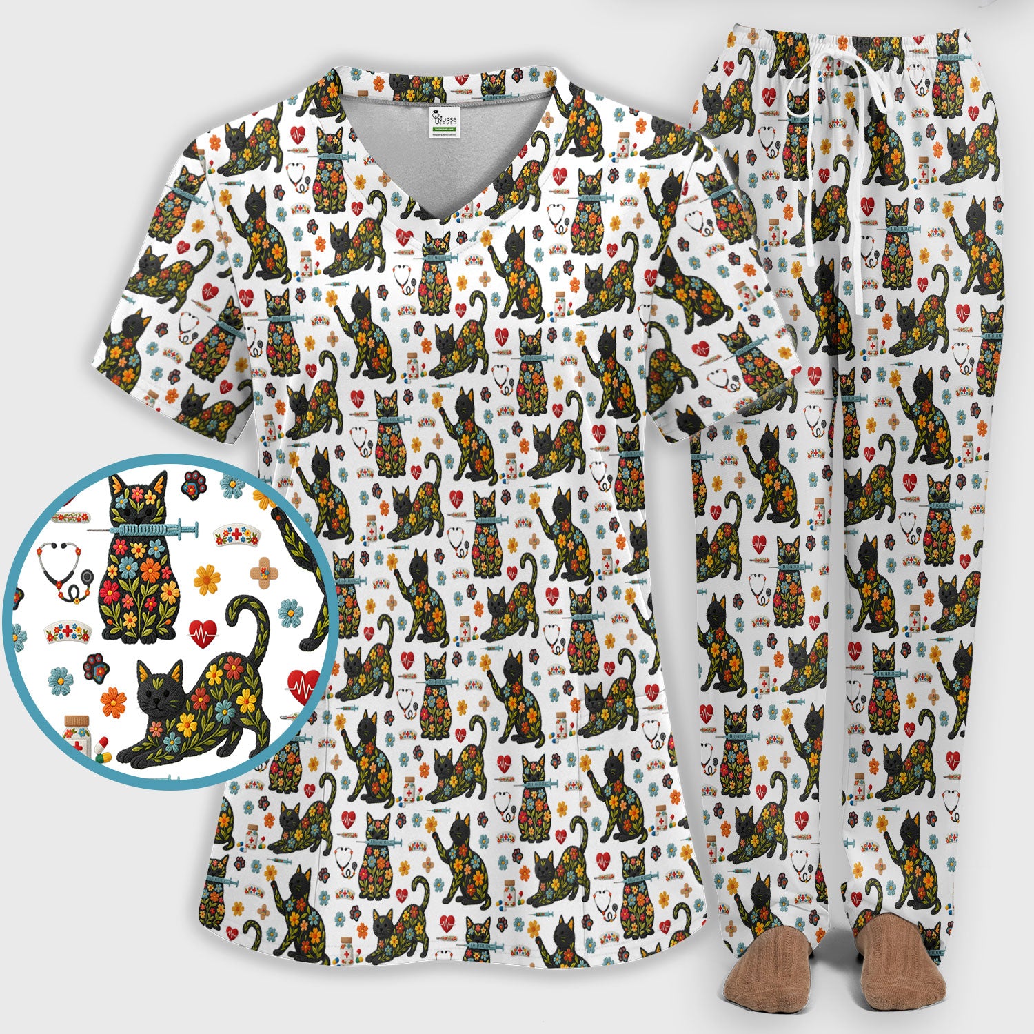 Floral Black Cat Pattern Scrub Set, Cute Cat Nurse Scrub Shirt, Medical Nursing Uniform