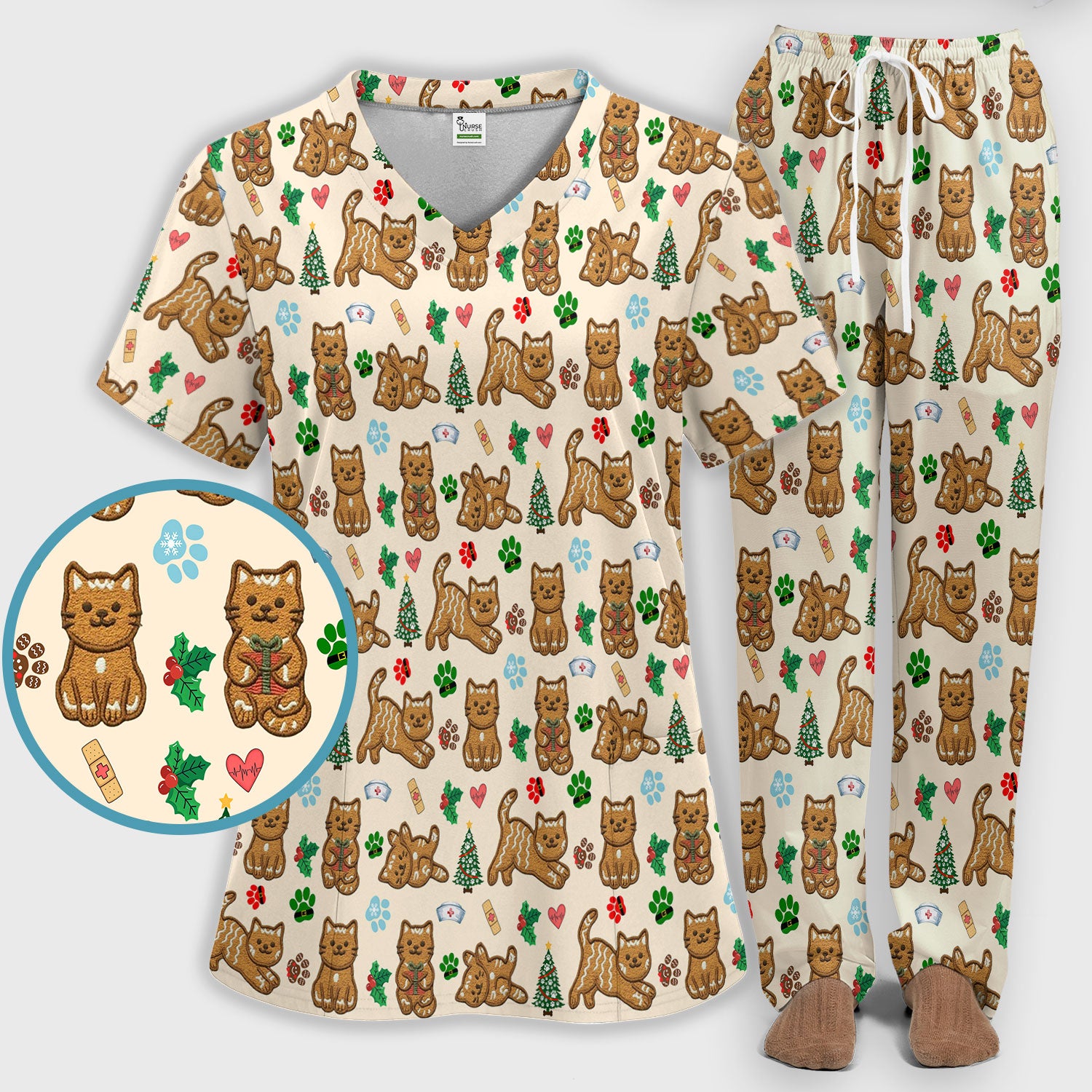 Gingerbread Cat Christmas Scrub Set, Cute Holiday Kitty Medical Uniform Shirt For Nursing, Festive Nurse Pattern