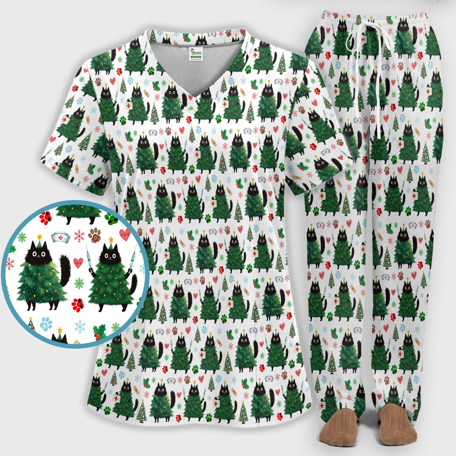 Christmas Nurse Scrub Set, Xmas Black Cat Pattern Nurse Shirt,  Breathable Fabrics Nursing Uniform