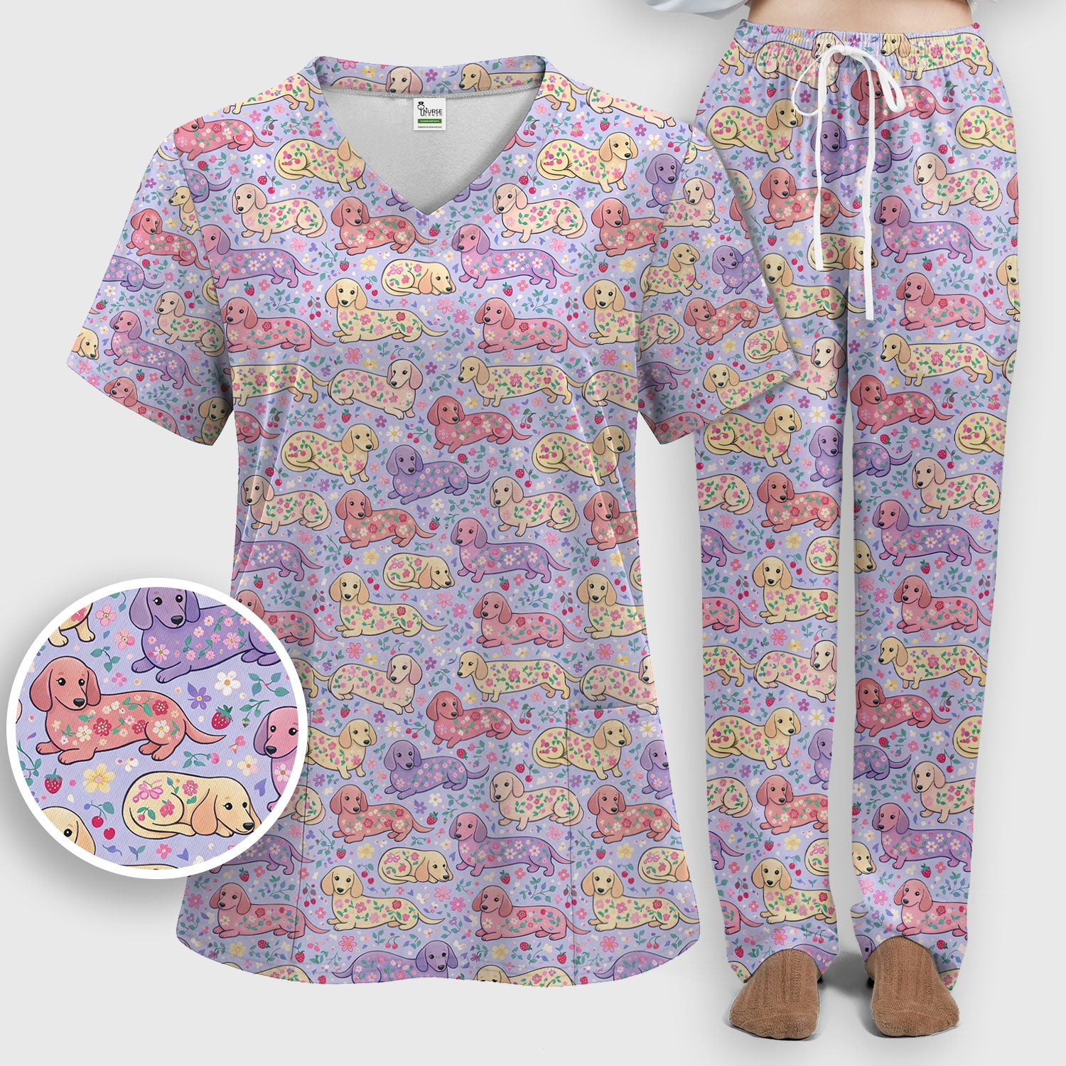 Cute Dachshund Floral Pattern Scrub Set, Scrub Pants and V Neck Top