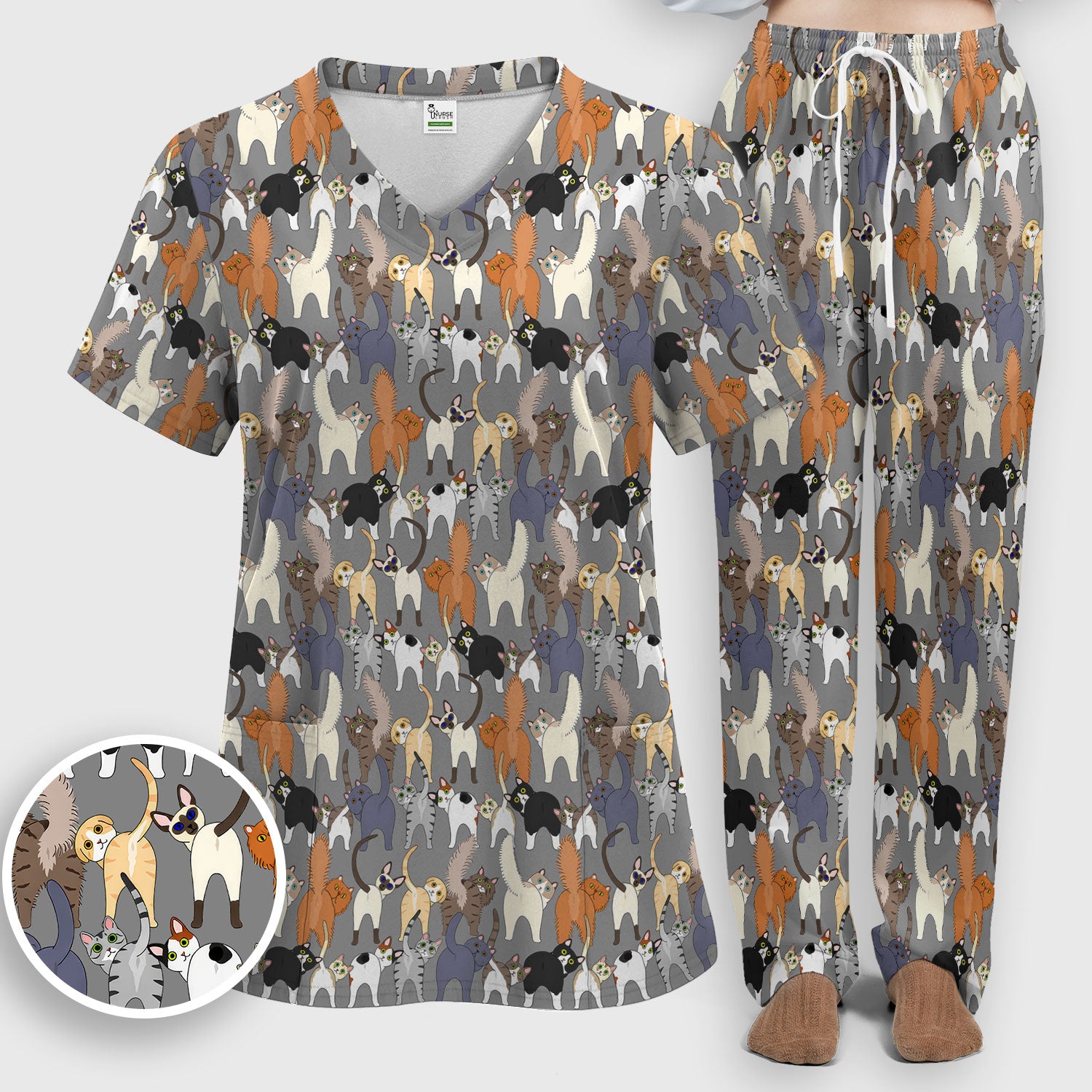 Whimsical Multicolor Cat Cartoon Pattern Scrub Set, Breathable Med Uniform