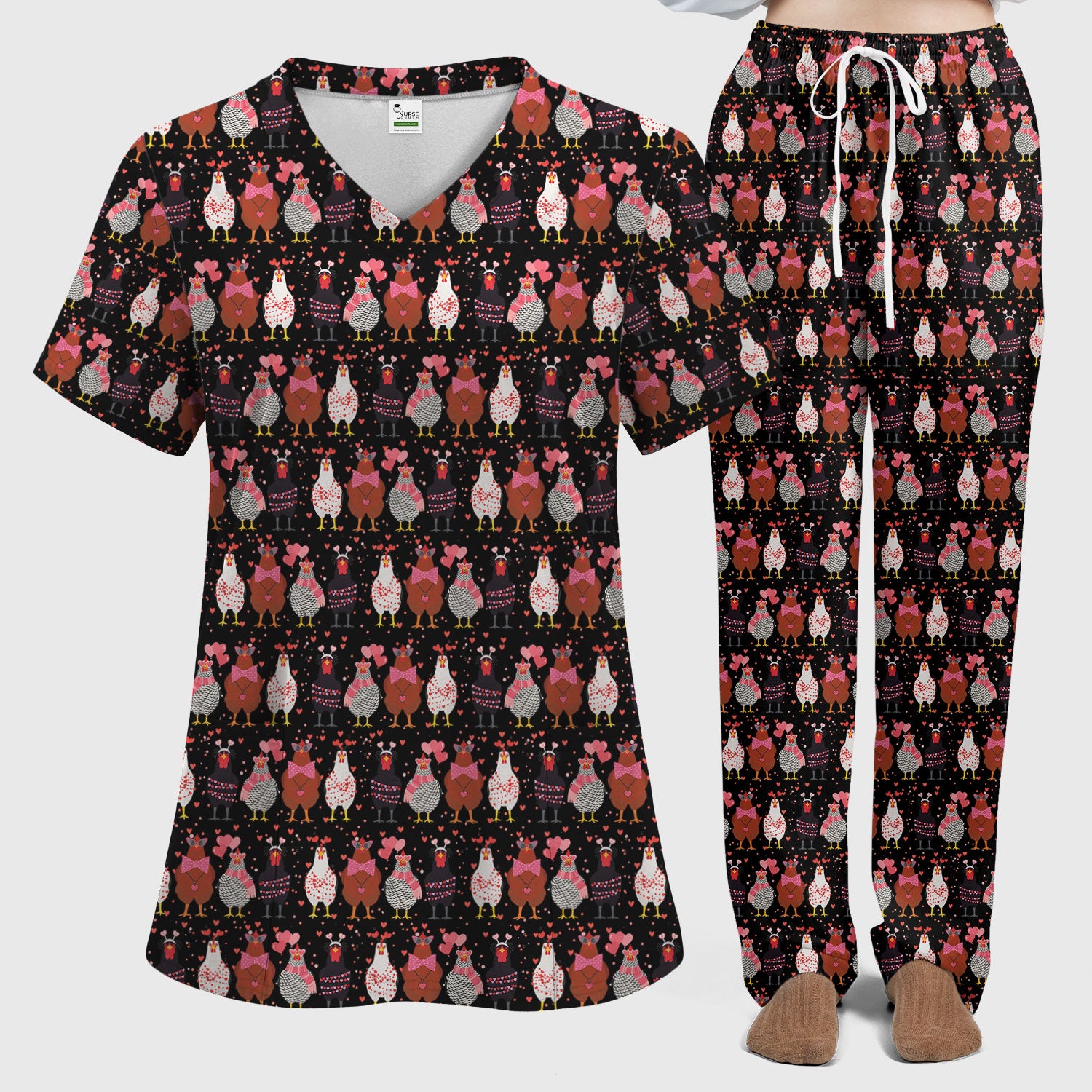 Funny Chicken Valentine Scrub Set, Chicken Pattern Scrub Shirt For Nursing, Valentine Gift For Nurse