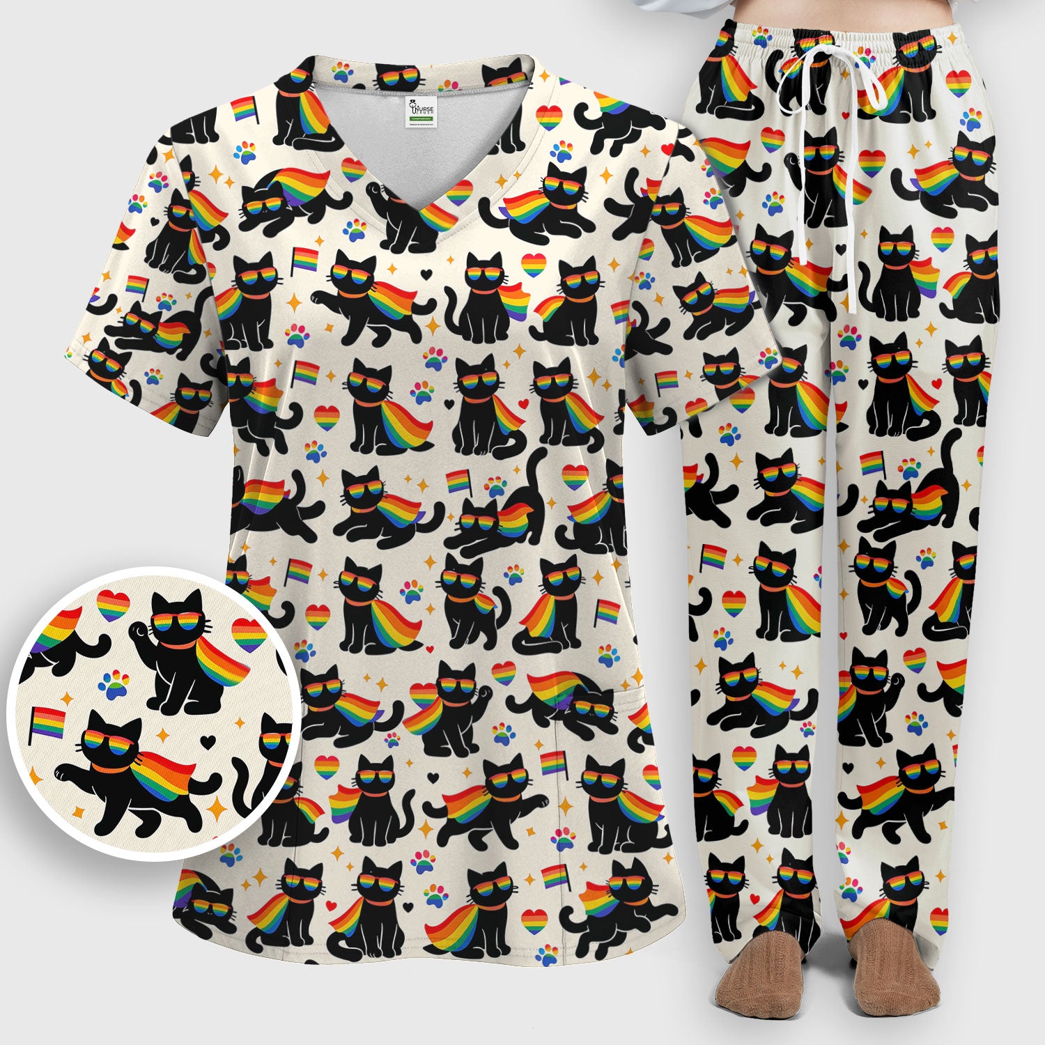 Rainbow Black Cat Pride Pattern Scrub Set, Breathable Med Uniform
