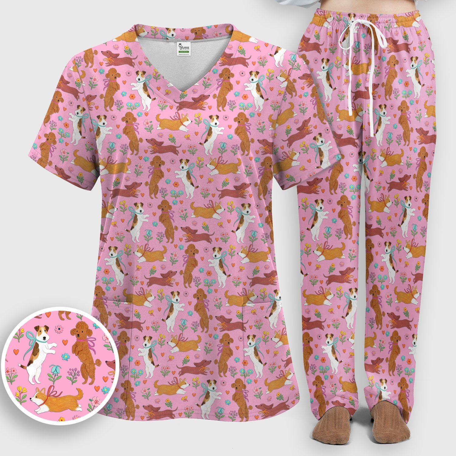 Cute Cartoon Dog Print Women's Scrub Set, Scrub Pants and V Neck Top