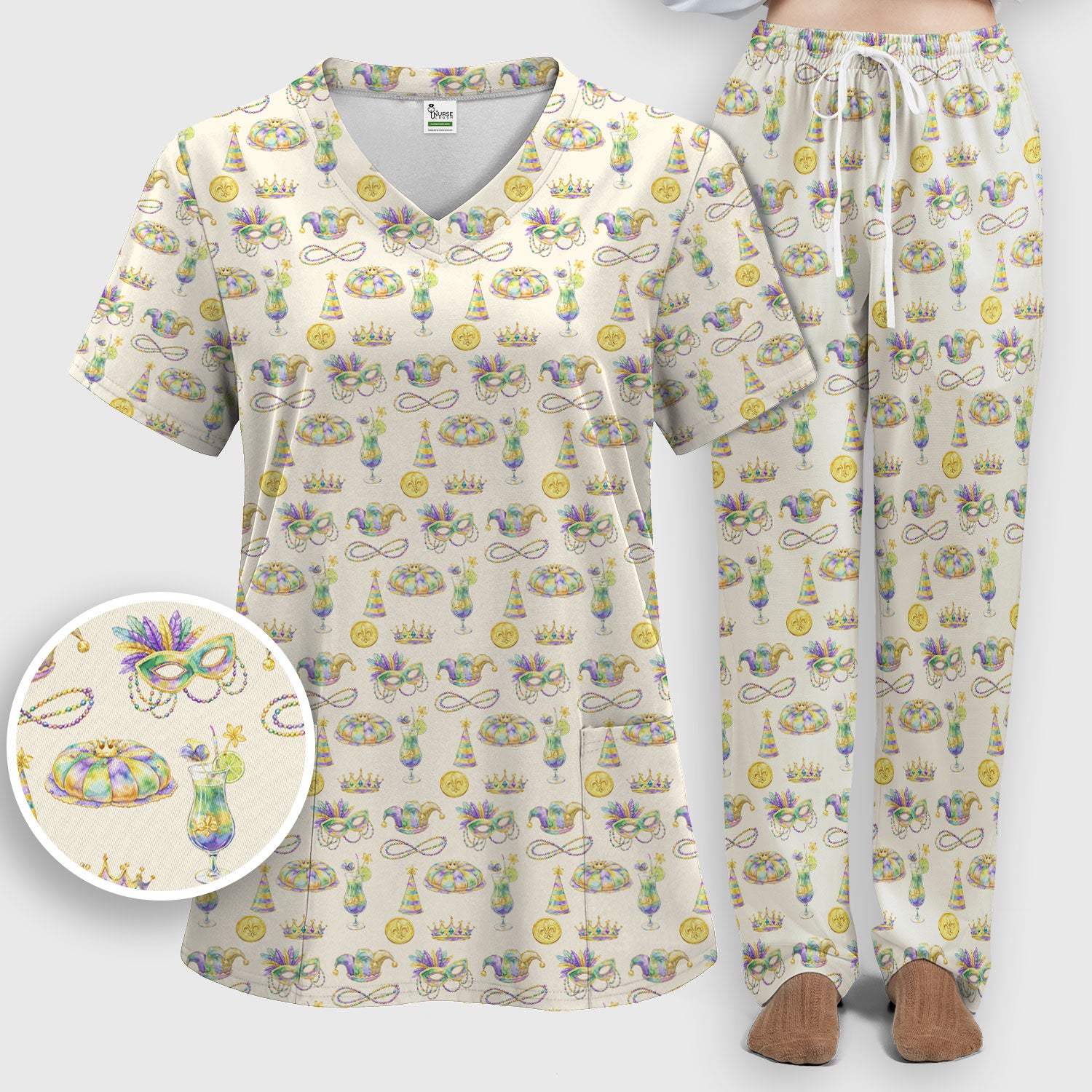 Mardi Gras Mask Scrub Set, Elegant Carnival Pattern Nurse Shirt For Women, Breathable Fabrics Nursing Uniform