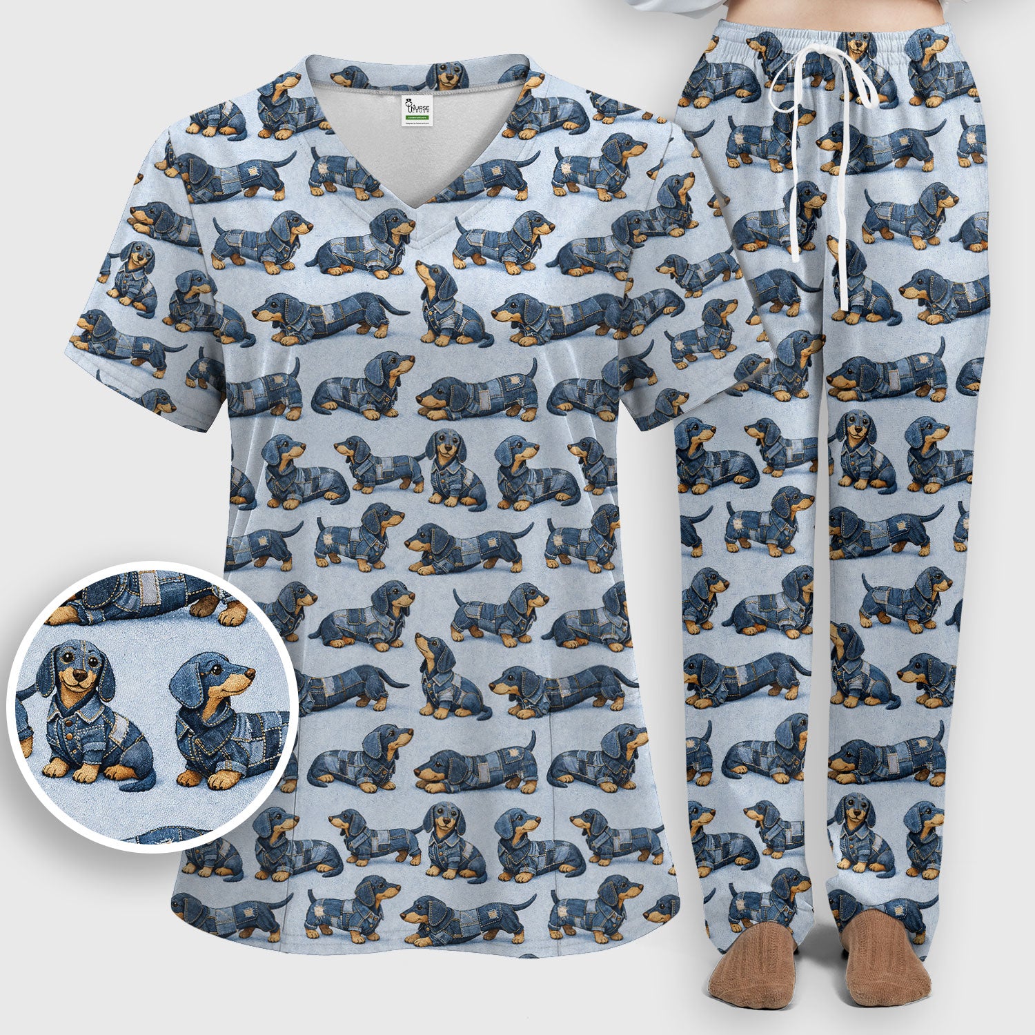 Denim Dachshund Dog Pattern Scrub Set, Women's Scrub Sets