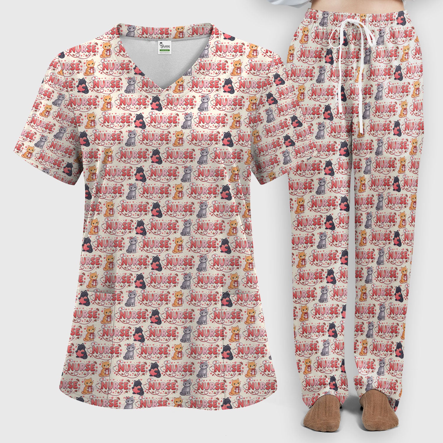 Nurse Cat Heart Pattern Valentine Scrub Set, Women's Scrub Sets V Neck Top