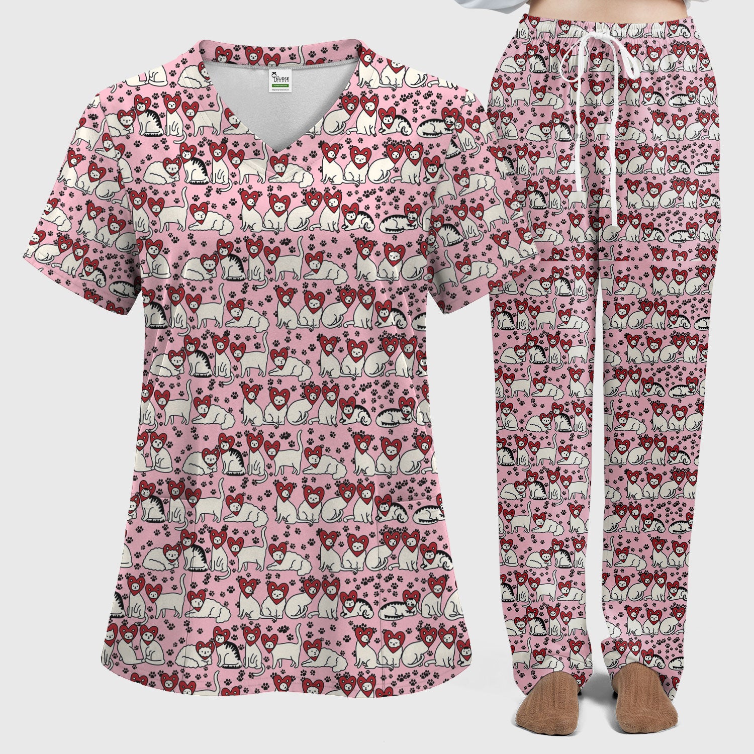 Cute Cat Heart Pattern Scrub Set, Funny Cat Scrub Shirt For Nurses, Breathable Fabrics Nursing Uniform