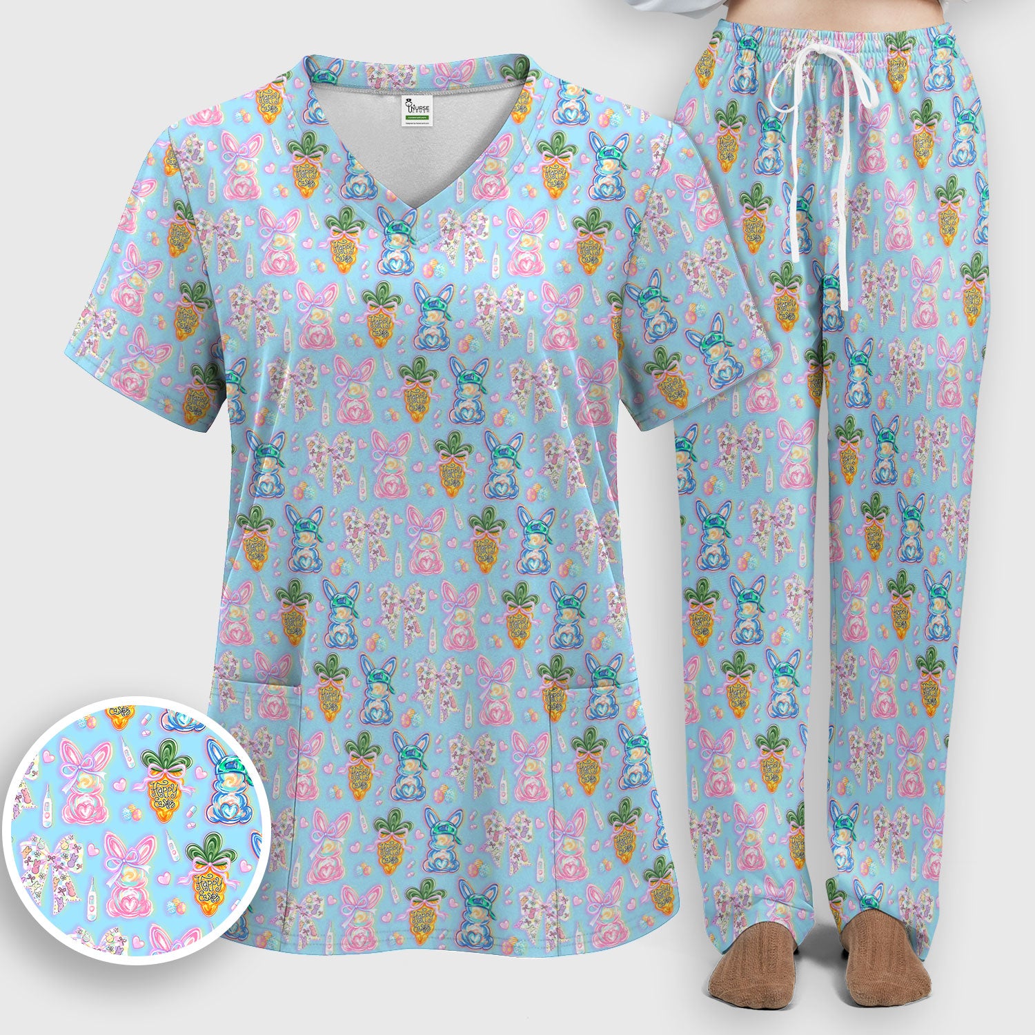 Easter Bunny Carrot Bow Floral Print Scrub Set, Breathable Med Uniform