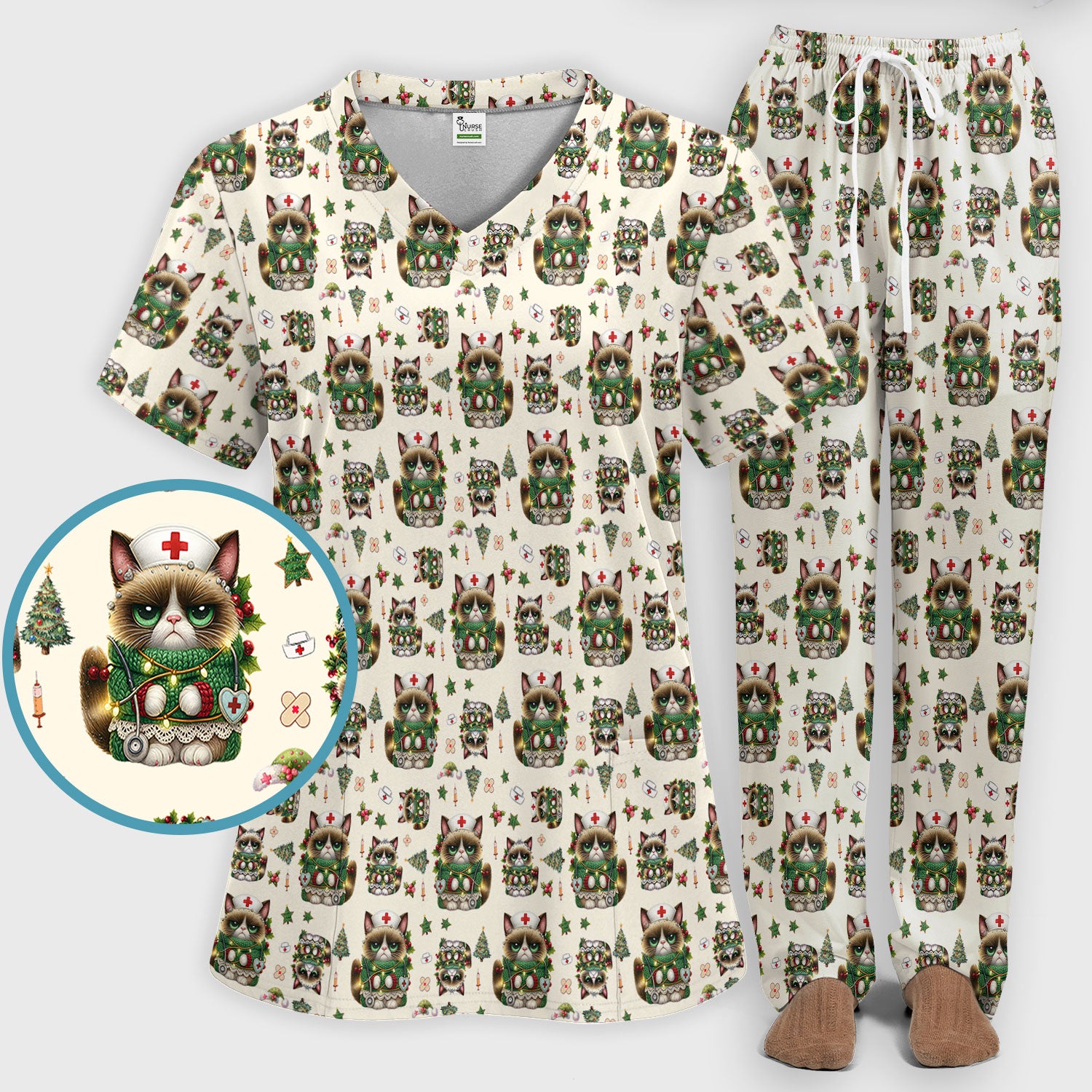 Christmas Nurse Scrub Set - Funny Cat Nursing Scrubs Pants and V Neck Top - Cute Holiday Medical Uniform for Women RN LPN CNA