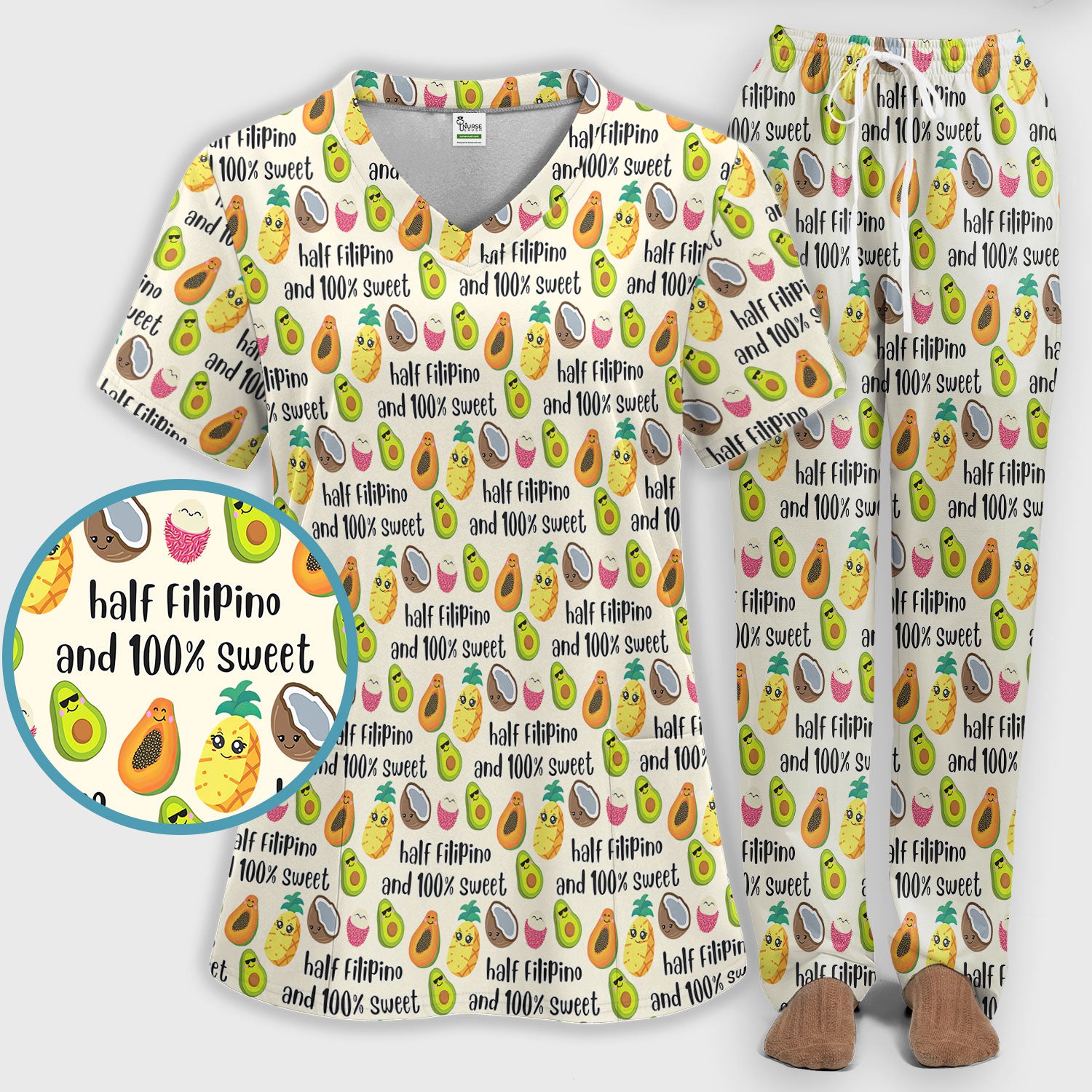 Playful Avocado Fruit Print Filipino Quote Scrub Set, Breathable Med Uniform