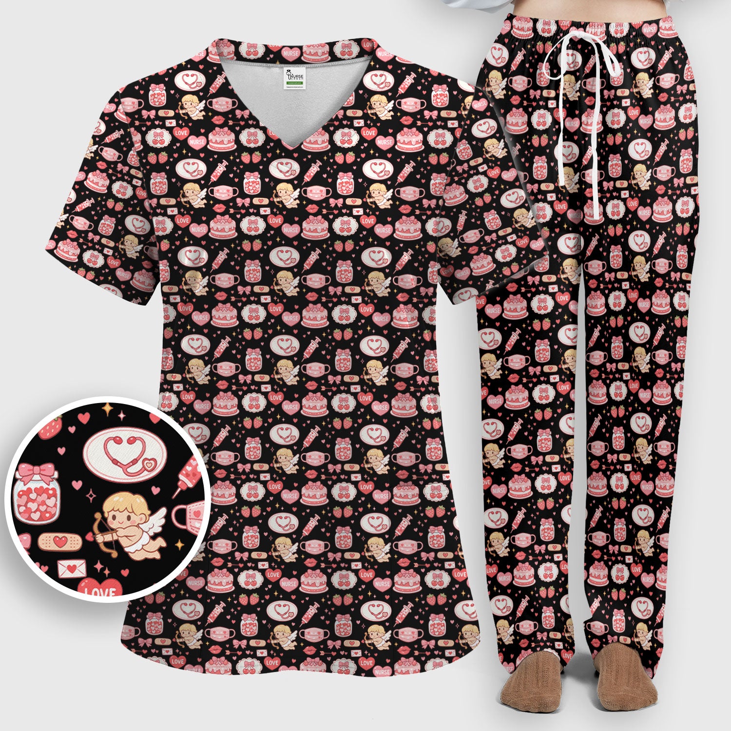 Cupid Nurse Scrub Set, Cute Love Medical Pattern Shirt For Valentine, Breathable Fabrics Nursing Uniform