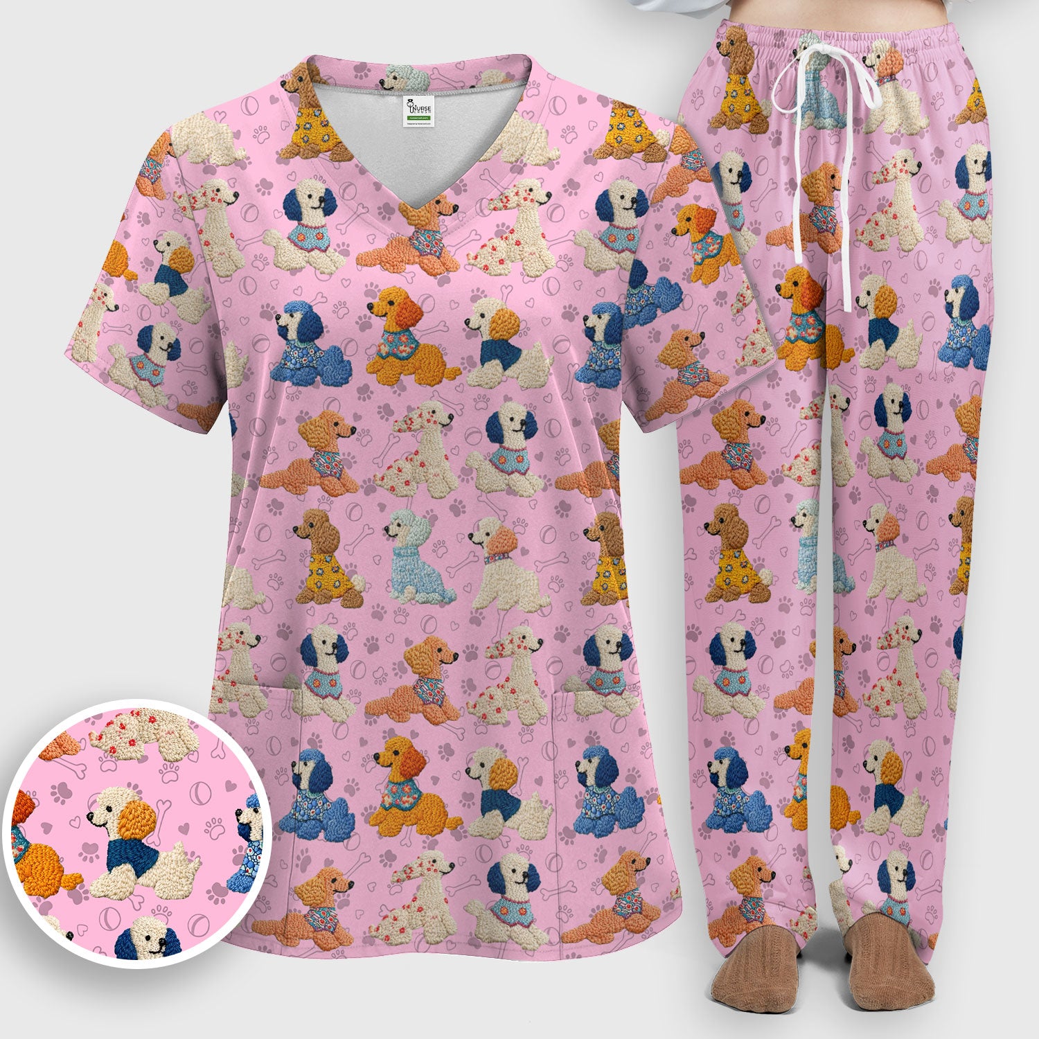 Cute Colorful Poodle Pattern Scrub Set, Scrub Pants and V Neck Top
