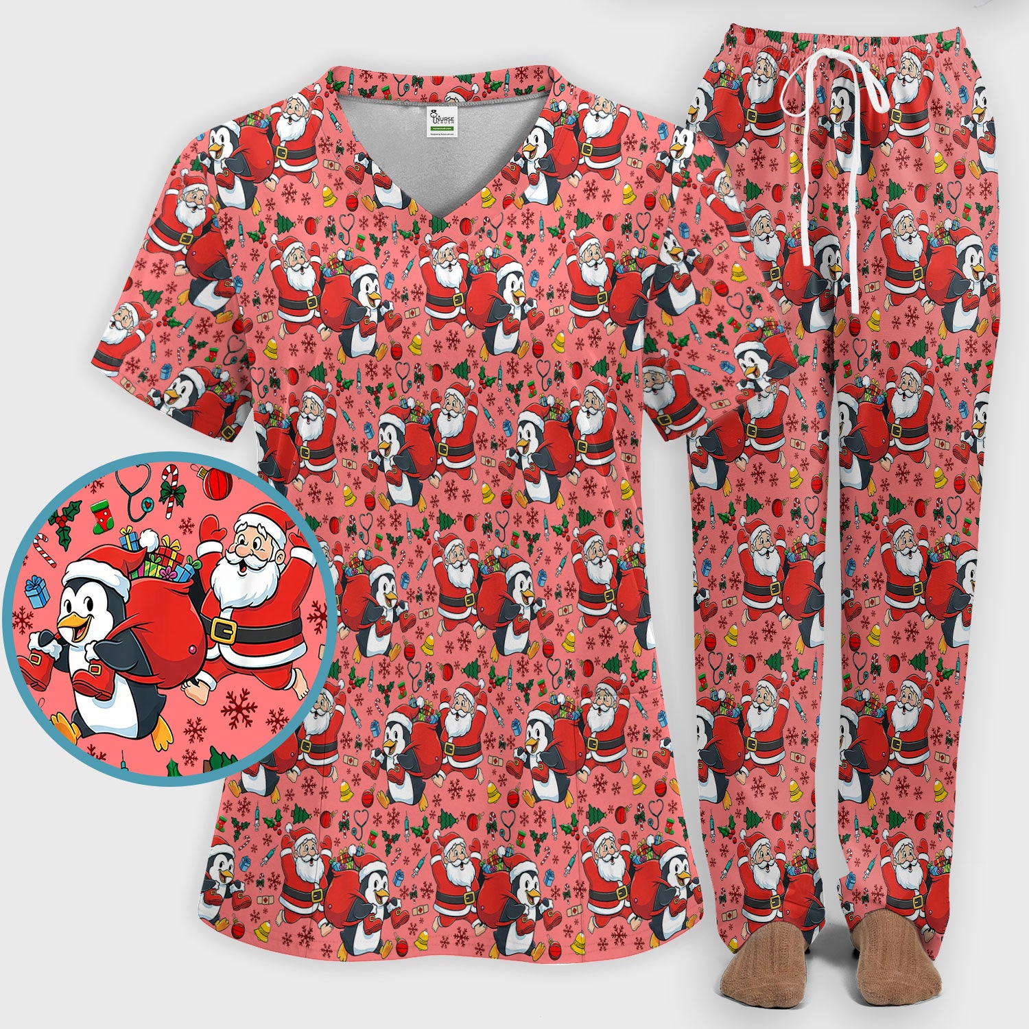 Funny Penguin Christmas Scrub Set - Santa Holiday Nurse Uniform for Women - Medical Gift for RN CNA LPN
