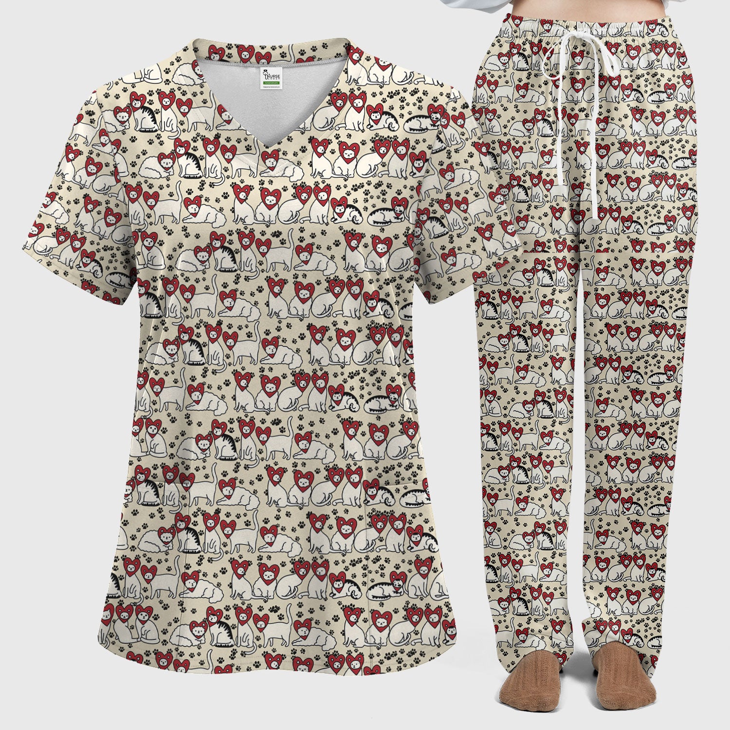Cute Cat Heart Pattern Scrub Set, Funny Cat Scrub Shirt For Nurses, Breathable Fabrics Nursing Uniform