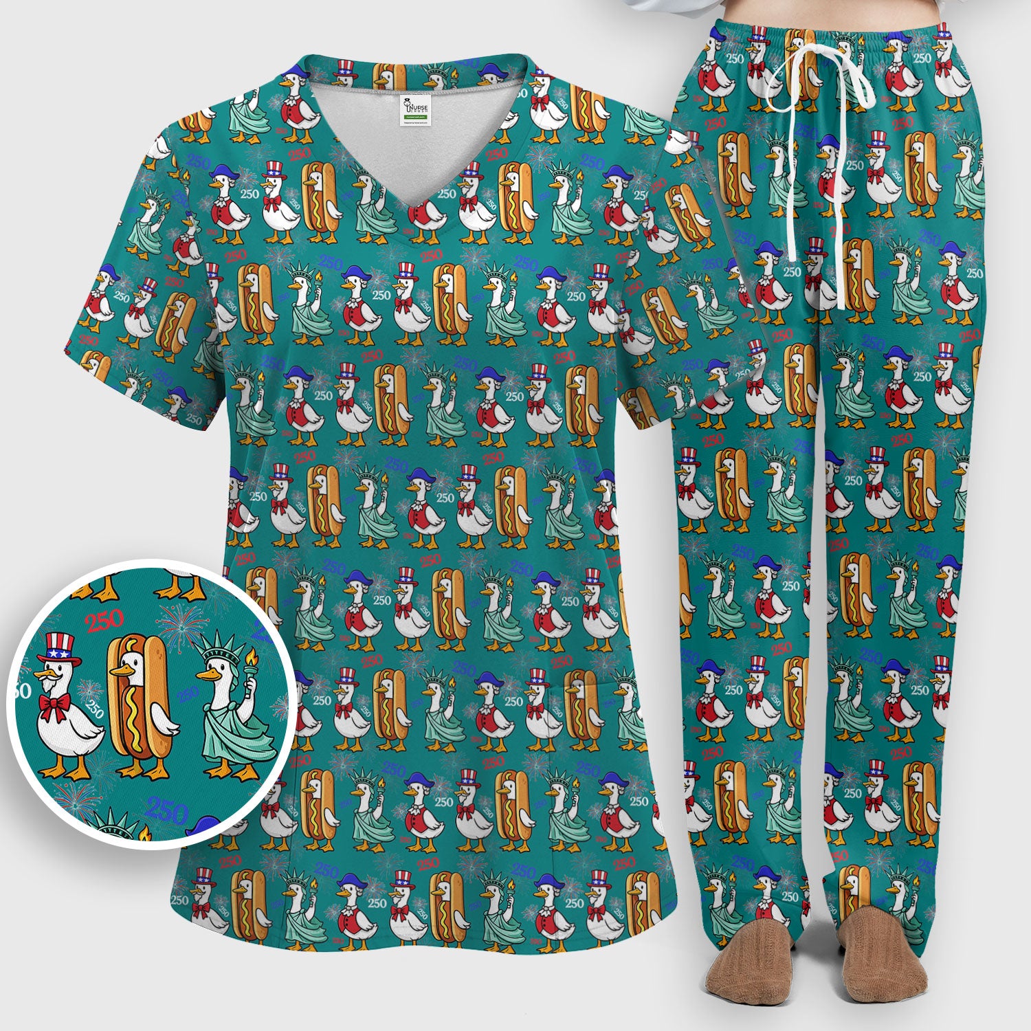 Patriotic Duck Independence Day Pattern Scrub Set, Scrub Pants and V Neck Top