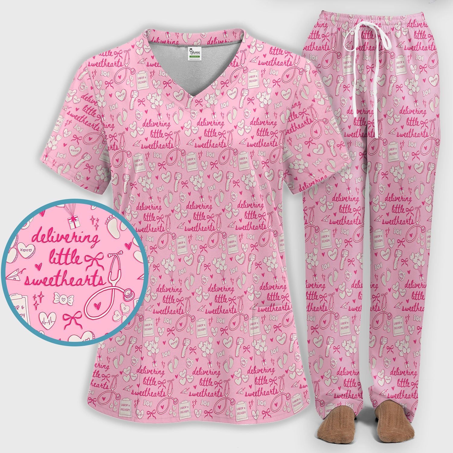 Valentine Labor And Delivery Scrub Set, XOXO Pattern Scrub Shirt, Breathable Fabrics Nursing Uniform For Women