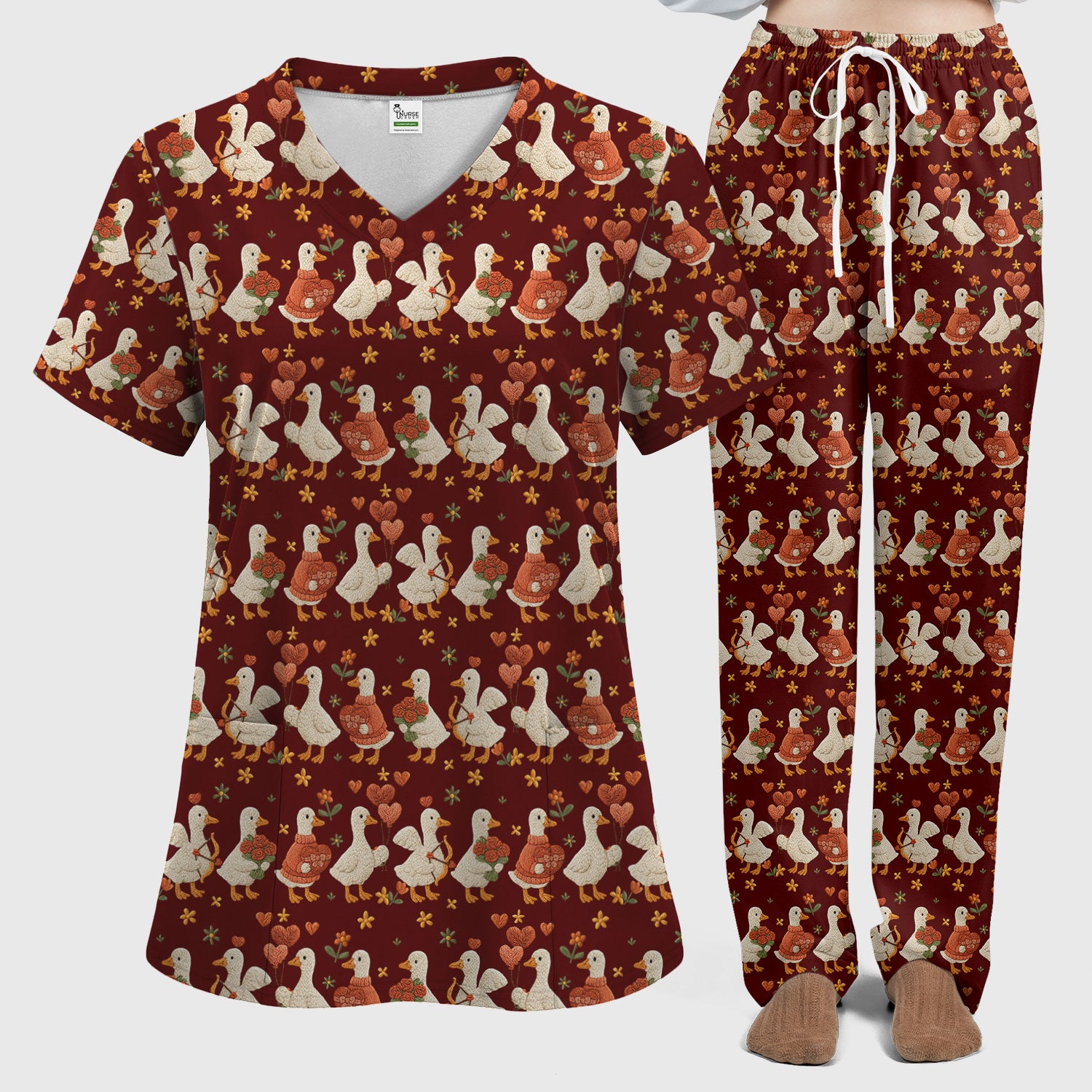 Cute Goose Nurse Scrub Set, Valentine Farm Medical Pattern Shirt, Breathable Fabrics Nursing Uniform