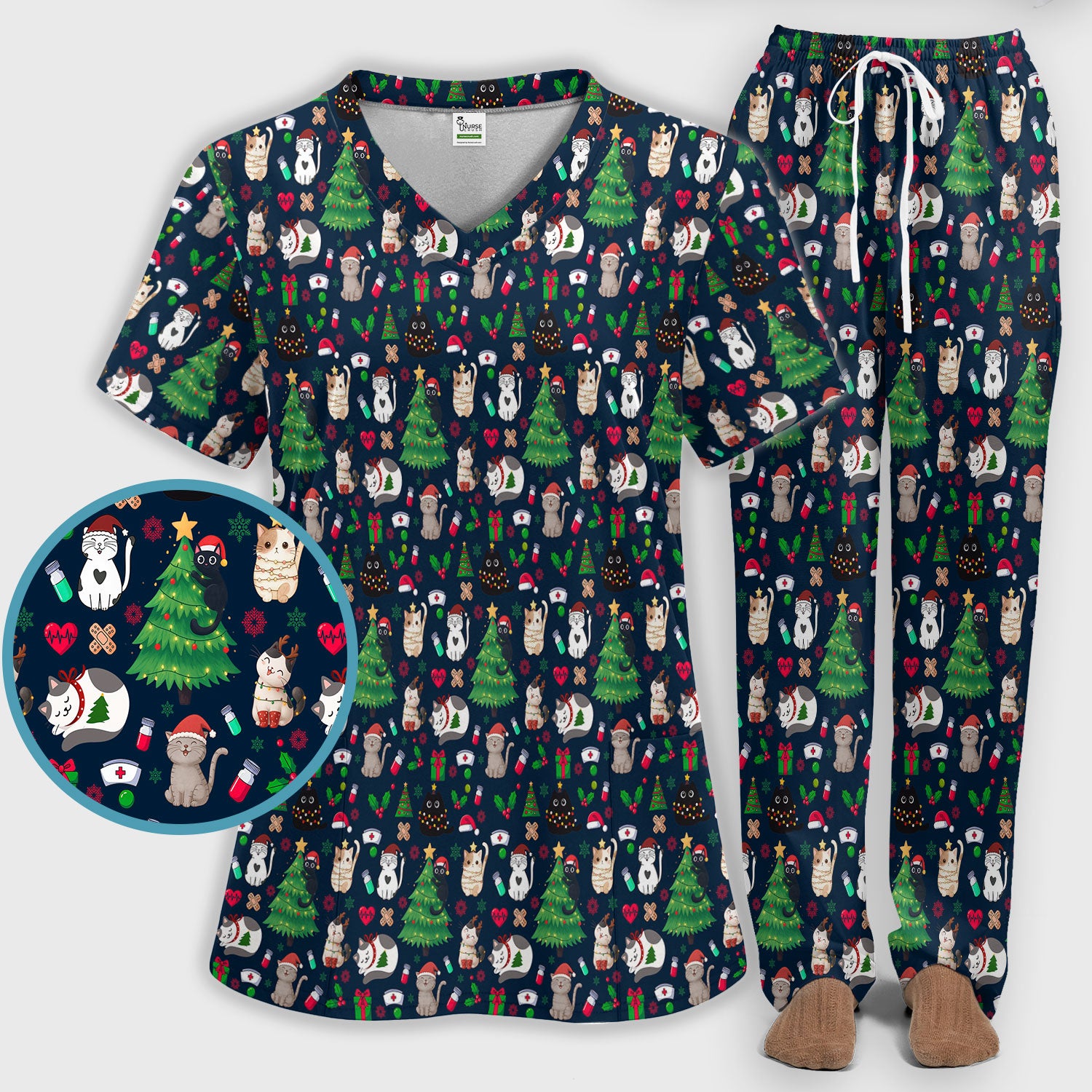 Christmas Cat Scrub Set, Xmas Pet Pattern Scrub Shirt, Breathable Fabrics Nursing Uniform