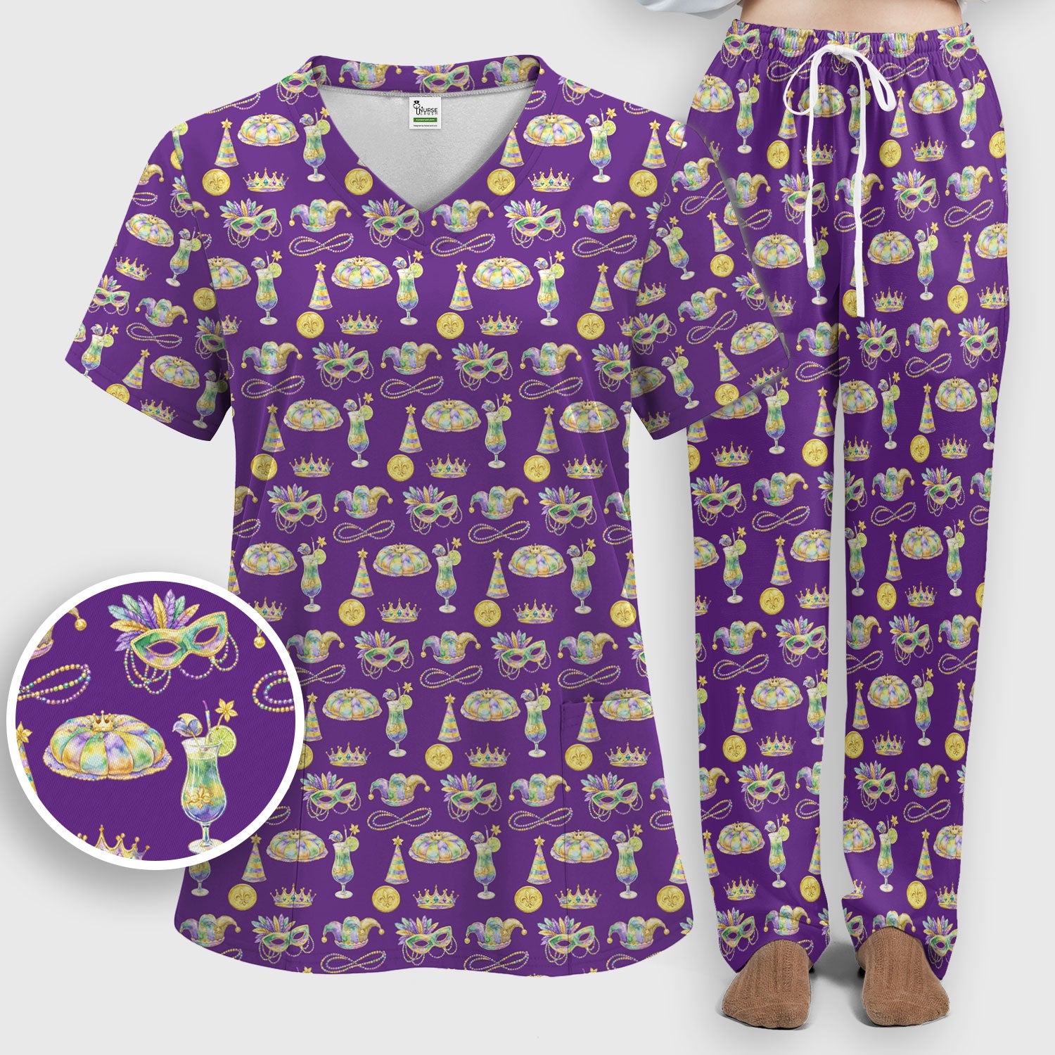 Mardi Gras Mask Scrub Set, Elegant Carnival Pattern Nurse Shirt For Women, Breathable Fabrics Nursing Uniform