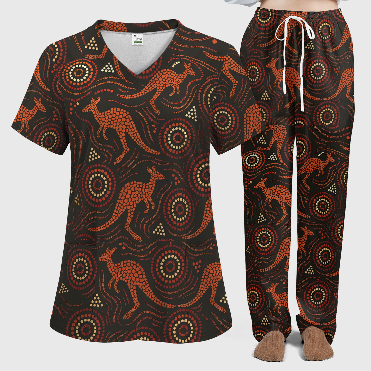 Australian Indigenous Medical Pattern Shirt, Aboriginal Dot Art Kangaroo Nurse Scrub Set,  Breathable Fabrics Nursing Uniform