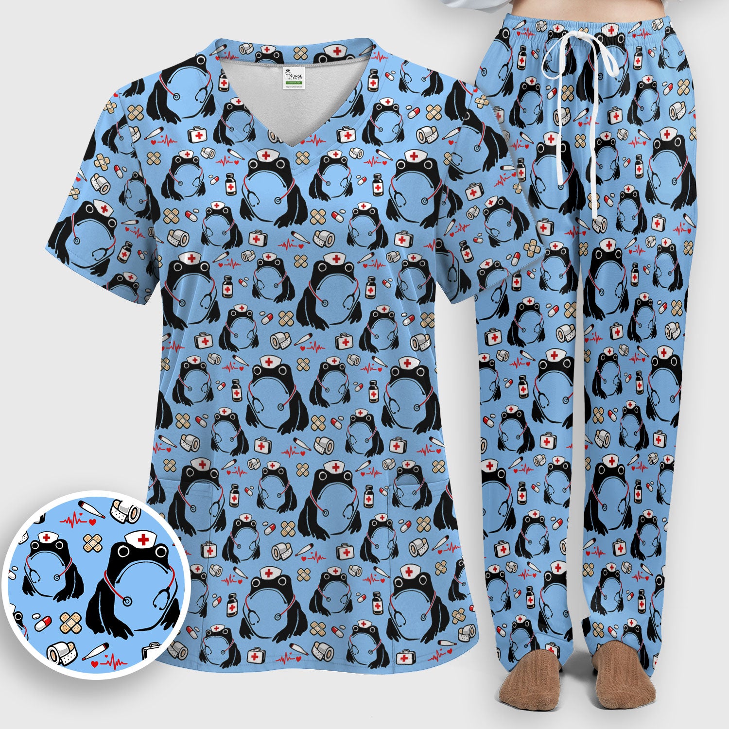 Cute Frog Nurse Medical Pattern Scrub Set, Breathable Med Uniform