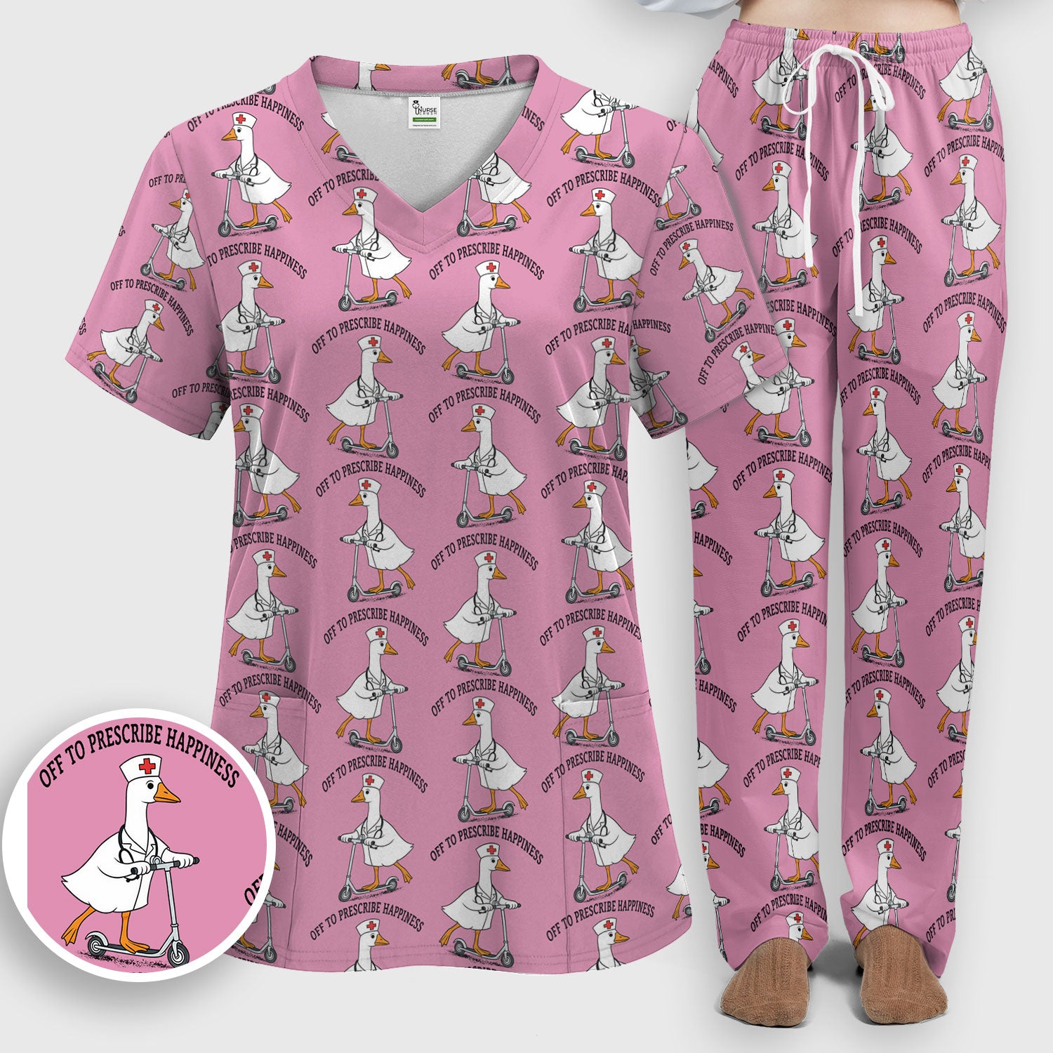 Nurse Goose Scooter Print Scrub Set, Breathable Med Uniform