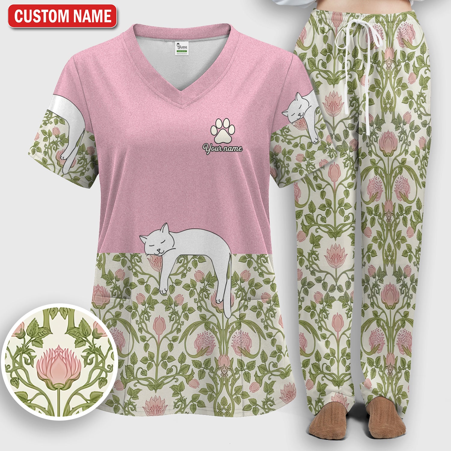 Personalized Cat Nurse Scrub Set, Custom Name Floral Scrub Shirt For Women, Breathable Fabrics Nursing Uniform