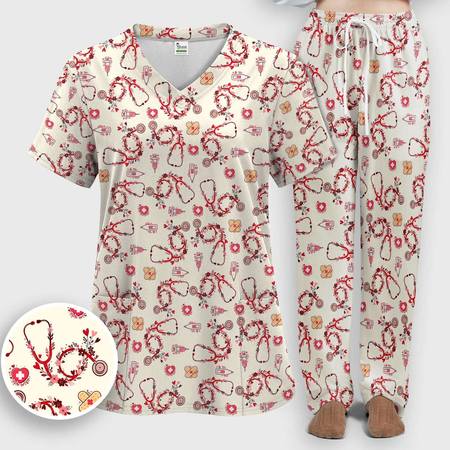 Heart Stethoscope Medical Pattern Scrub Set, Breathable Med Uniform