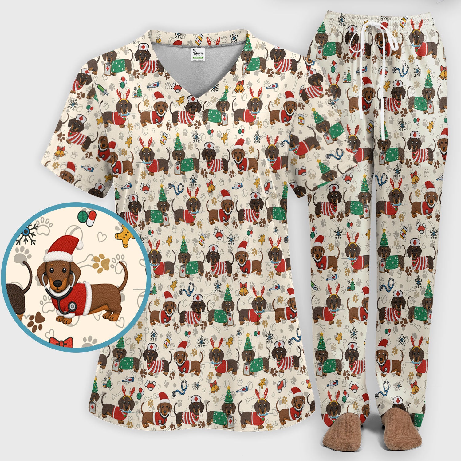 Christmas Dachshund Scrub Set for Nurses - Cute Wiener Dog Scrubs Pants and V Neck Top - Cute Puppy Med Uniform Gift for Women