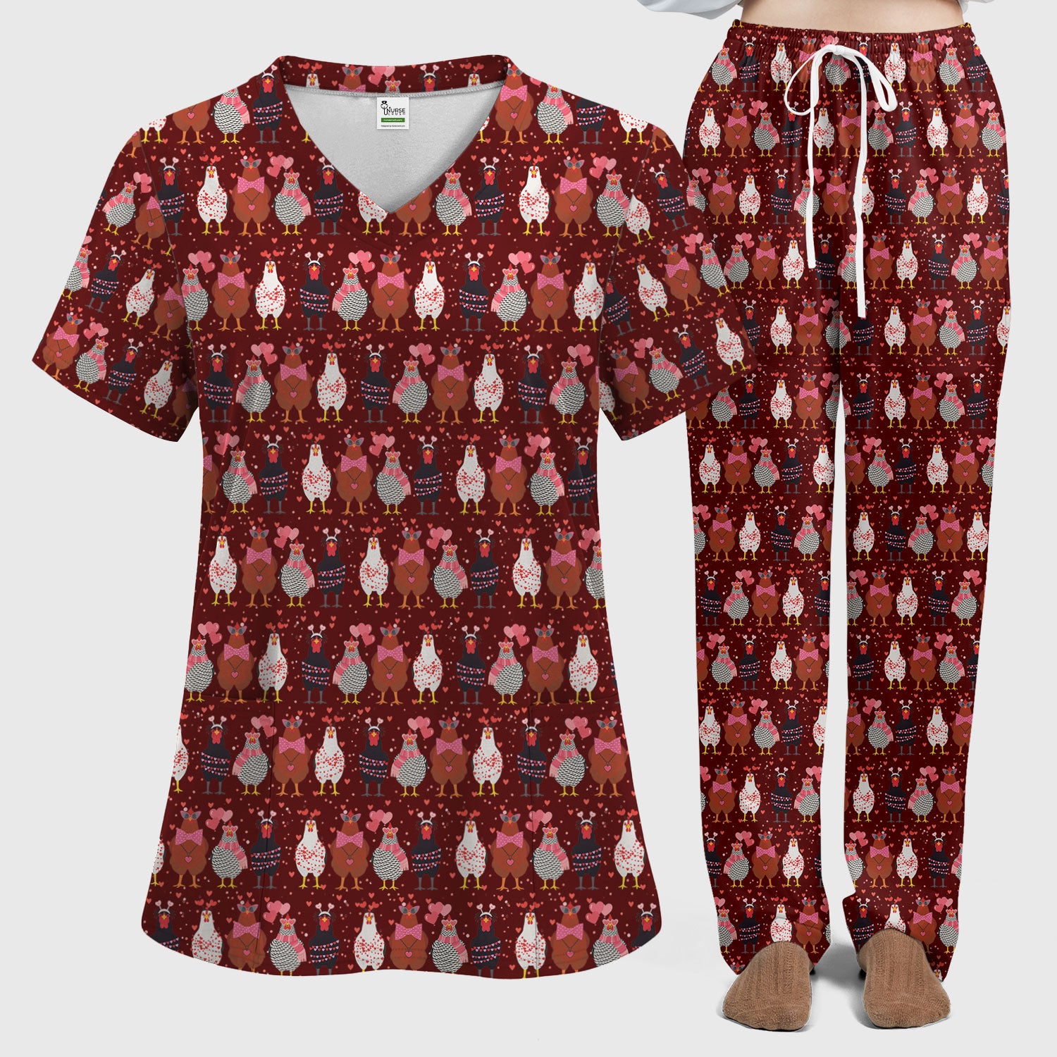 Funny Chicken Valentine Scrub Set, Chicken Pattern Scrub Shirt For Nursing, Valentine Gift For Nurse