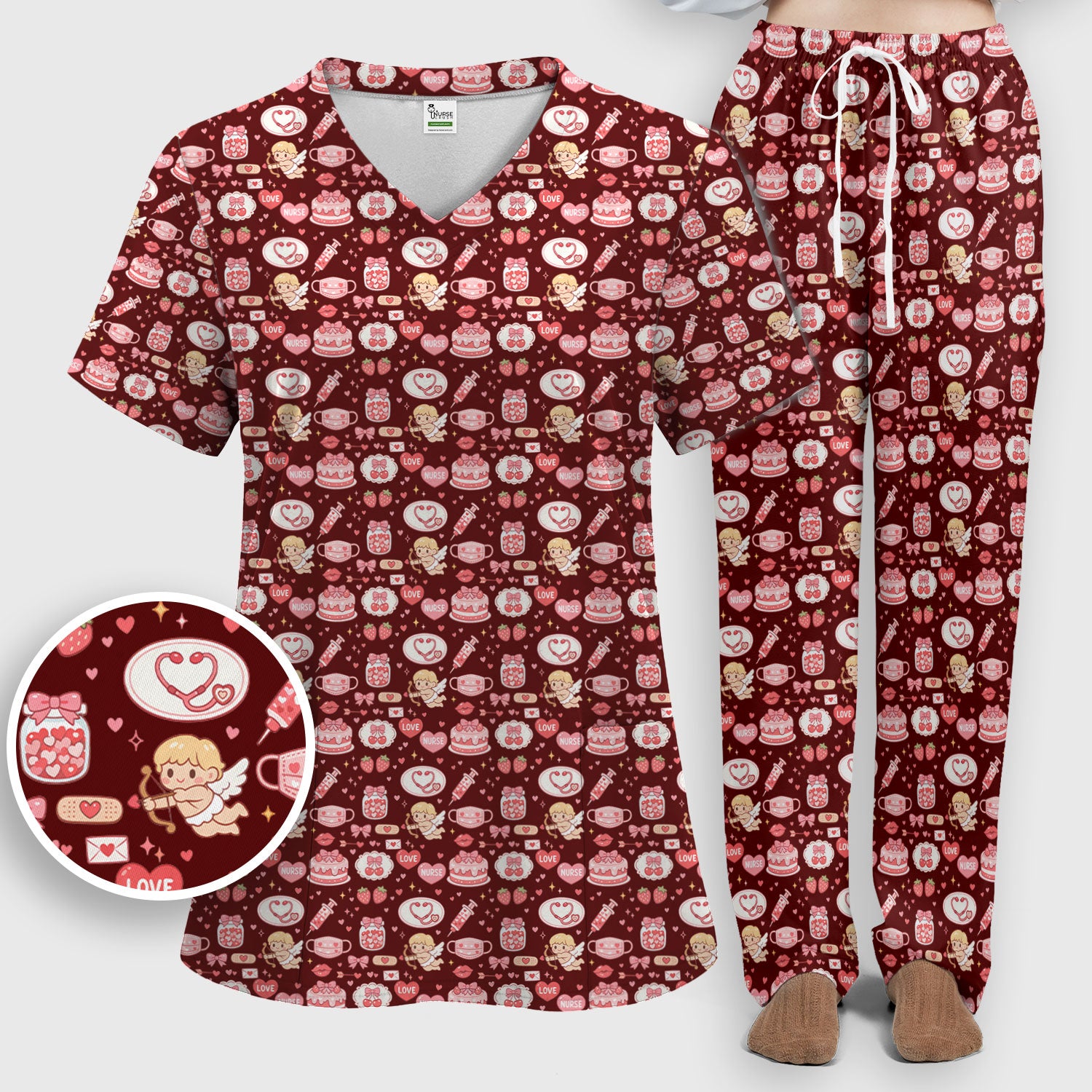 Cupid Nurse Scrub Set, Cute Love Medical Pattern Shirt For Valentine, Breathable Fabrics Nursing Uniform