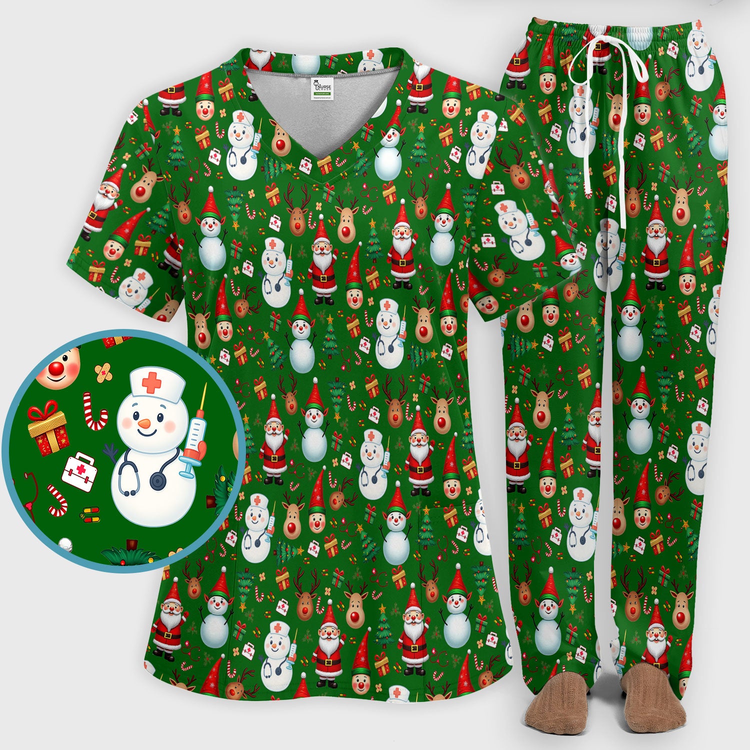 Christmas Nurse Scrub Set - Cute Snowman Santa Reindeer Pattern Medical Uniform - Festive Holiday Scrubs Pants and V Neck Top