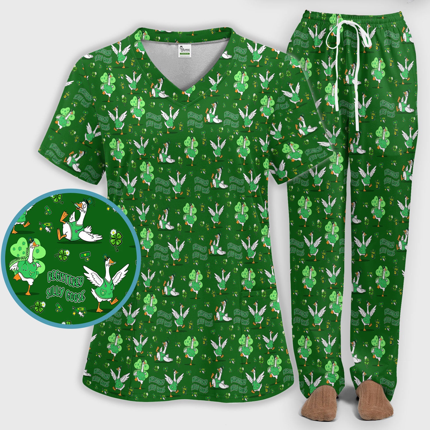 Silly Goose St. Patrick’s Day Scrub Set, Funny Goose Shamrock Pattern Nurse Scrub Shirt, Irish Green Nursing Uniform