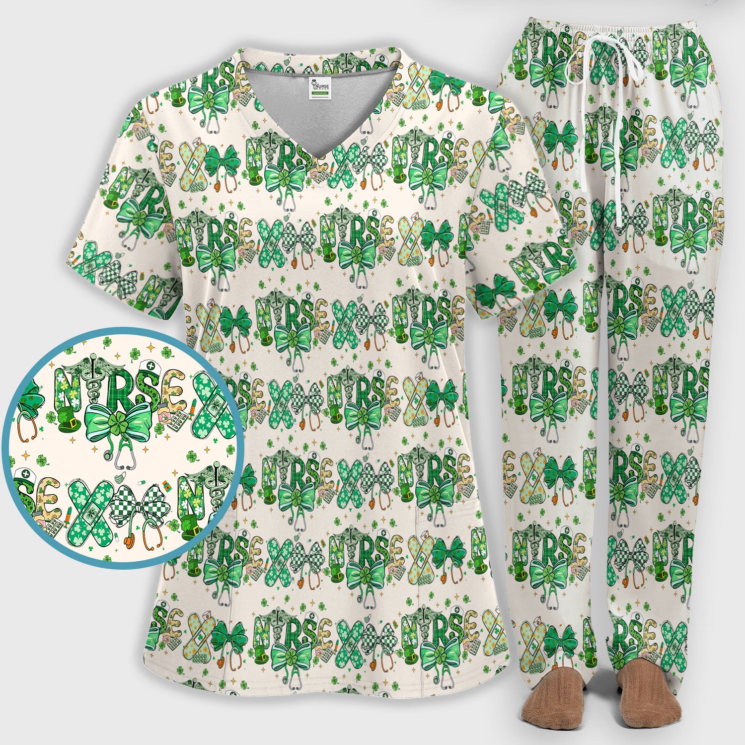 St. Patrick’s Nurse Scrub Set, Lucky Clover And Green Bow Pattern Nurse Shirt, Breathable Fabrics Nursing Uniform