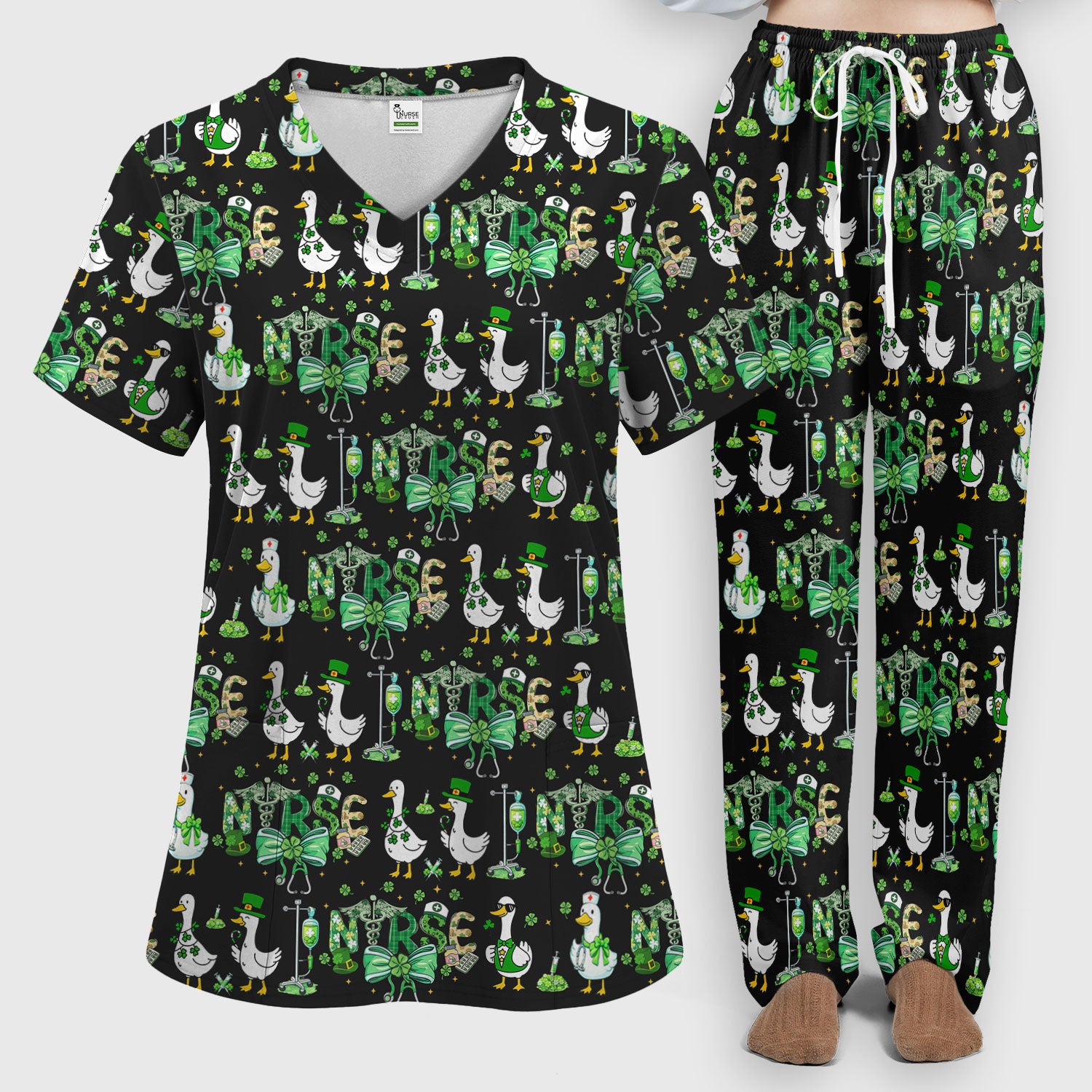 Funny Goose Nurse Shamrock Scrub Set, St. Patrick’s Day Nurse Pattern Shirt, Breathable Fabrics Nursing Uniform