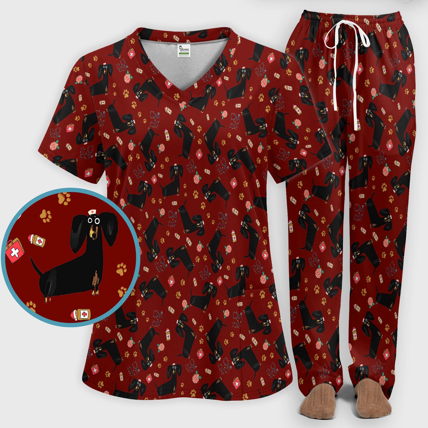 Funny Wiener Dog Scrub Sets for Nurses - Cute Black Dachshund Pants and V Neck Top - Dog Lover Nursing Uniform Gift for Women