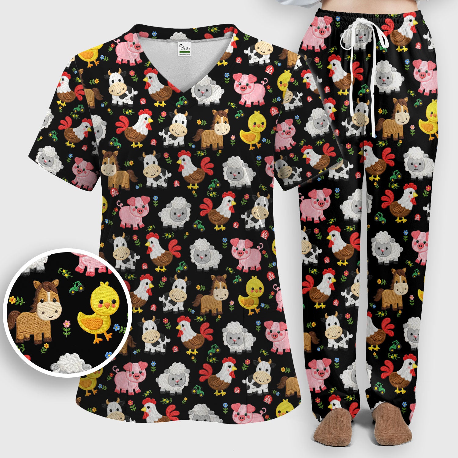 Cartoon Farm Animal Pattern Scrub Set, Breathable Med Uniform