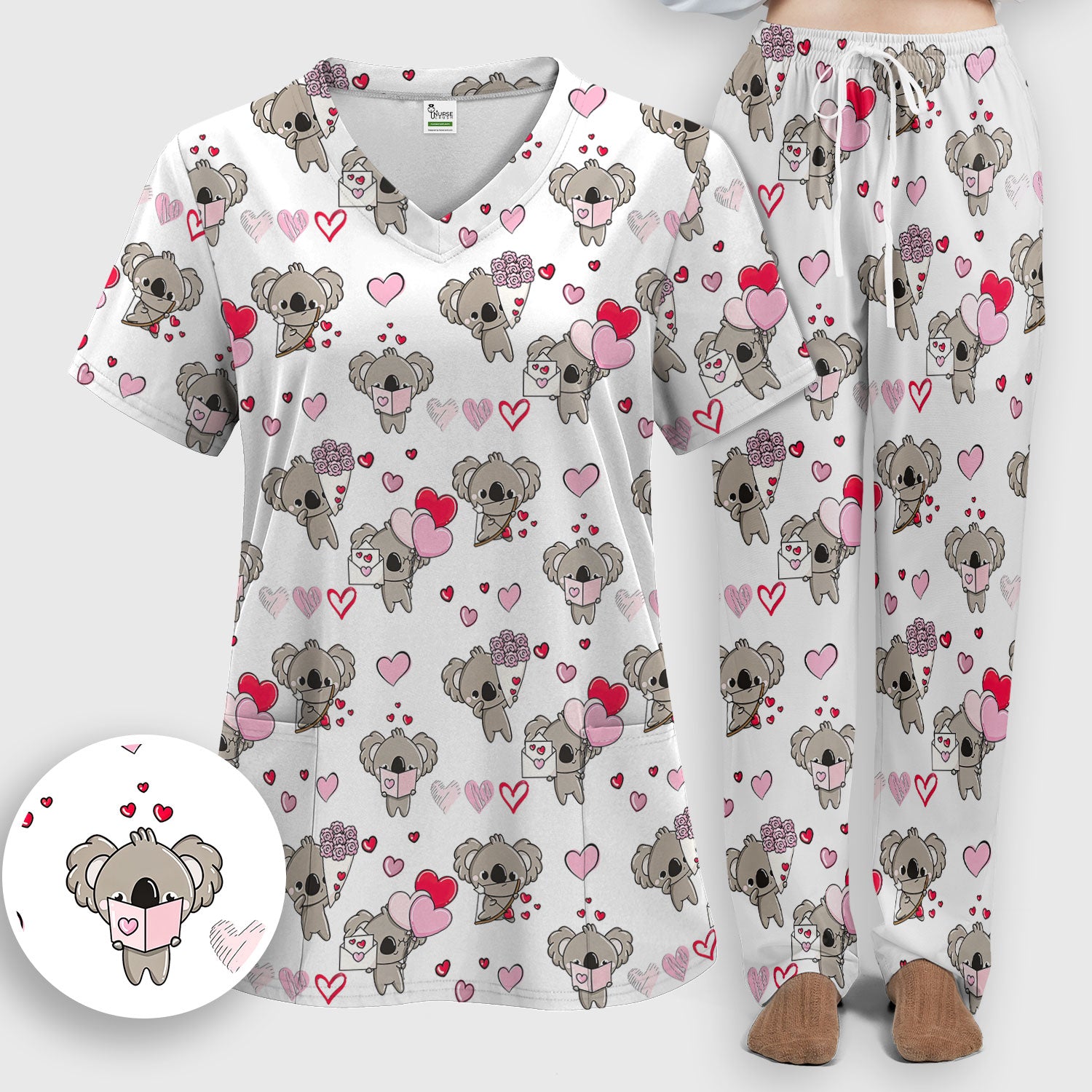 Valentine Koala Holding Flowers Cute Print Scrub, Women's Scrub Sets